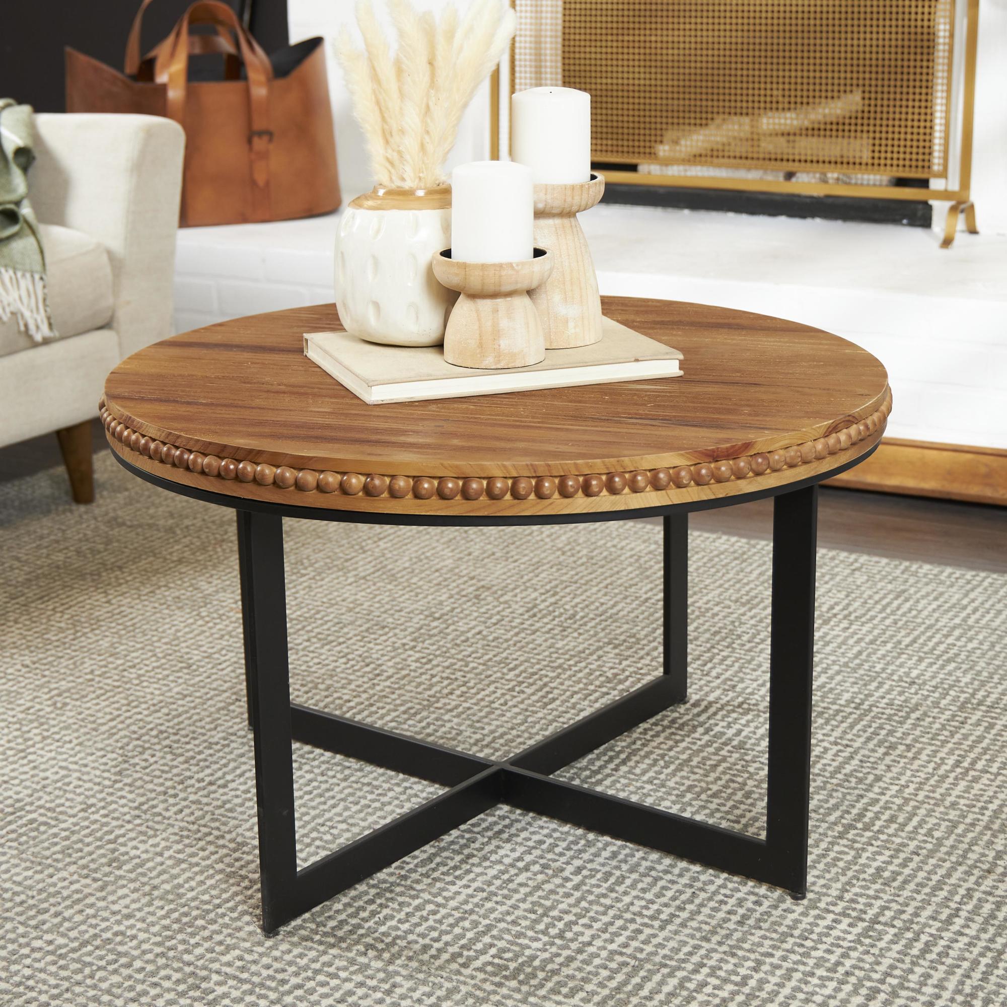 Brown Wood Beaded Living Room Coffee Table with Metal X-Shaped Base