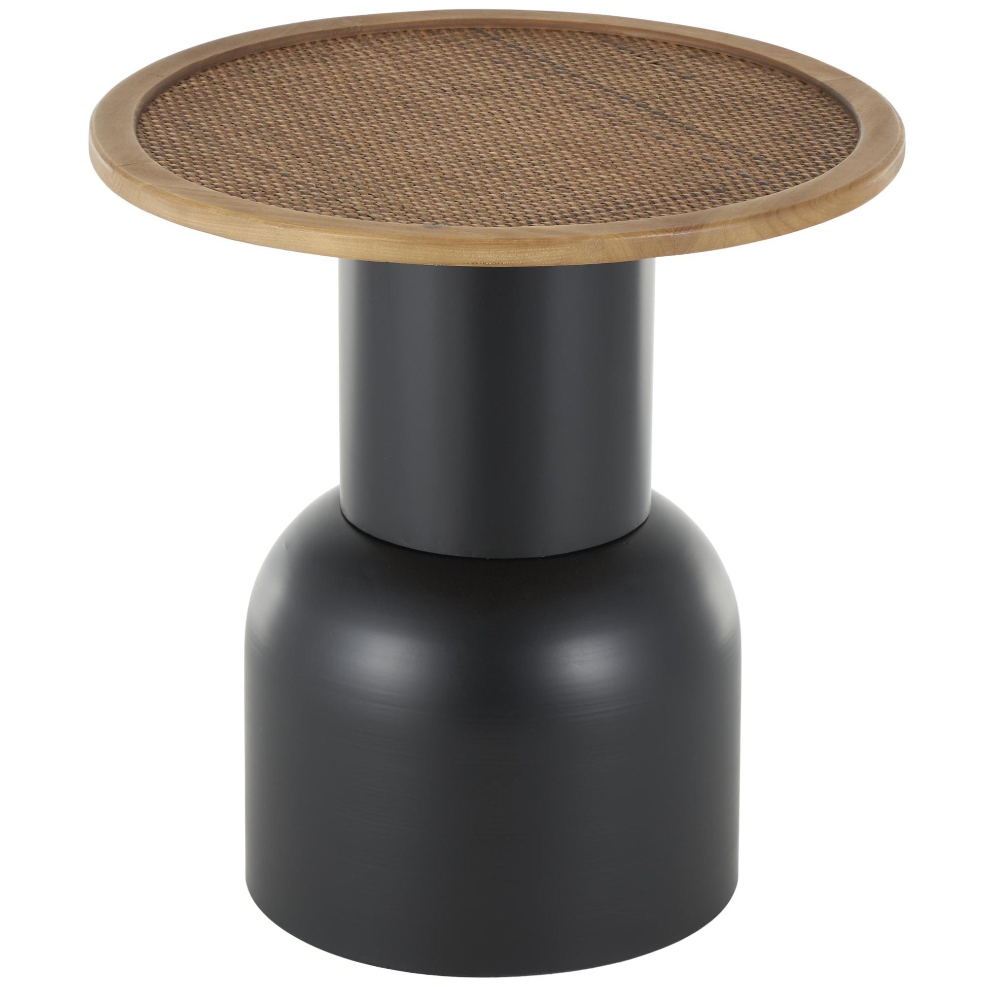 Black Metal Handmade Pedestal Side End Accent Table with Brown Rattan Tabletop