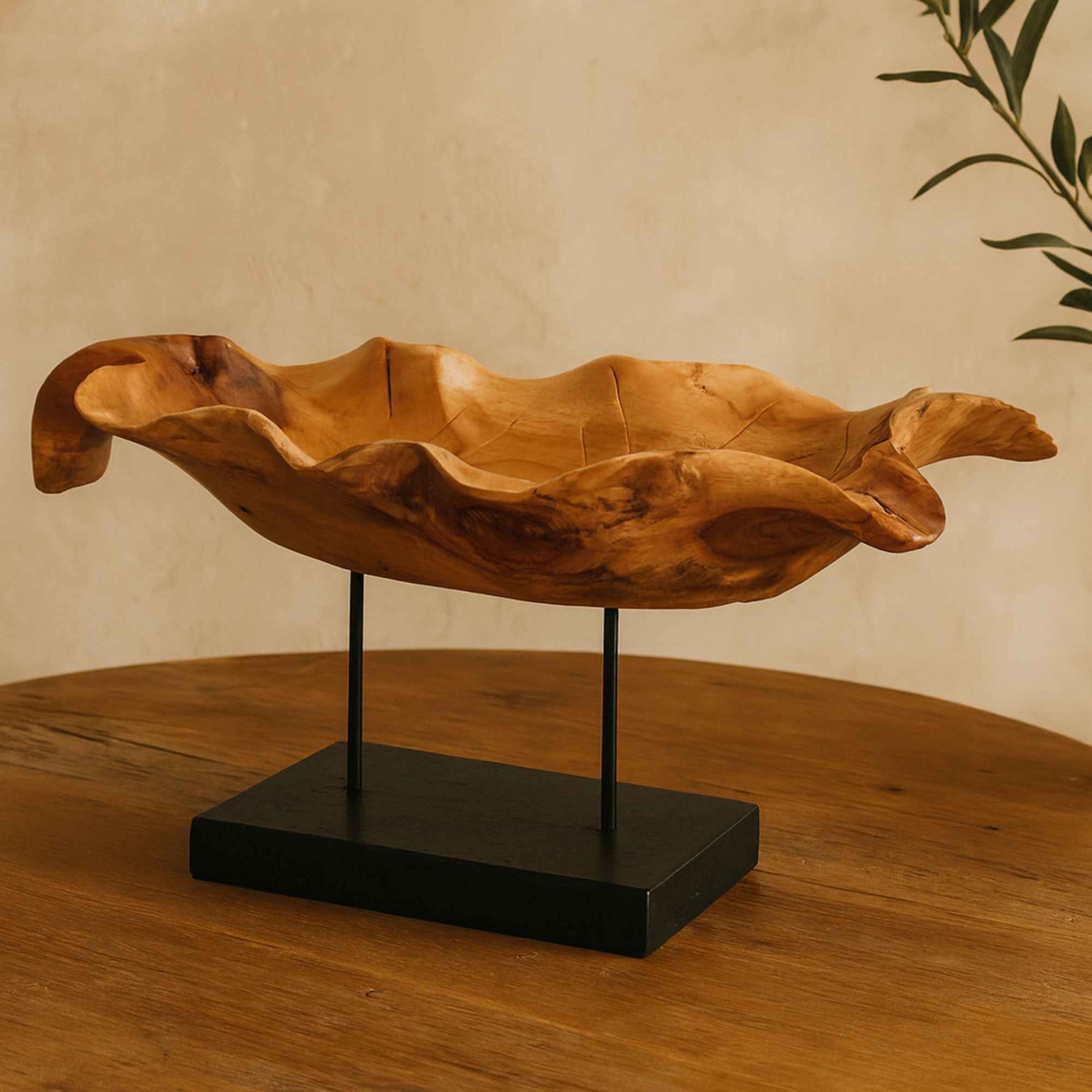 Leaf Brown Teak Wood Floating Decorative Sculpture with Black Stand and Base