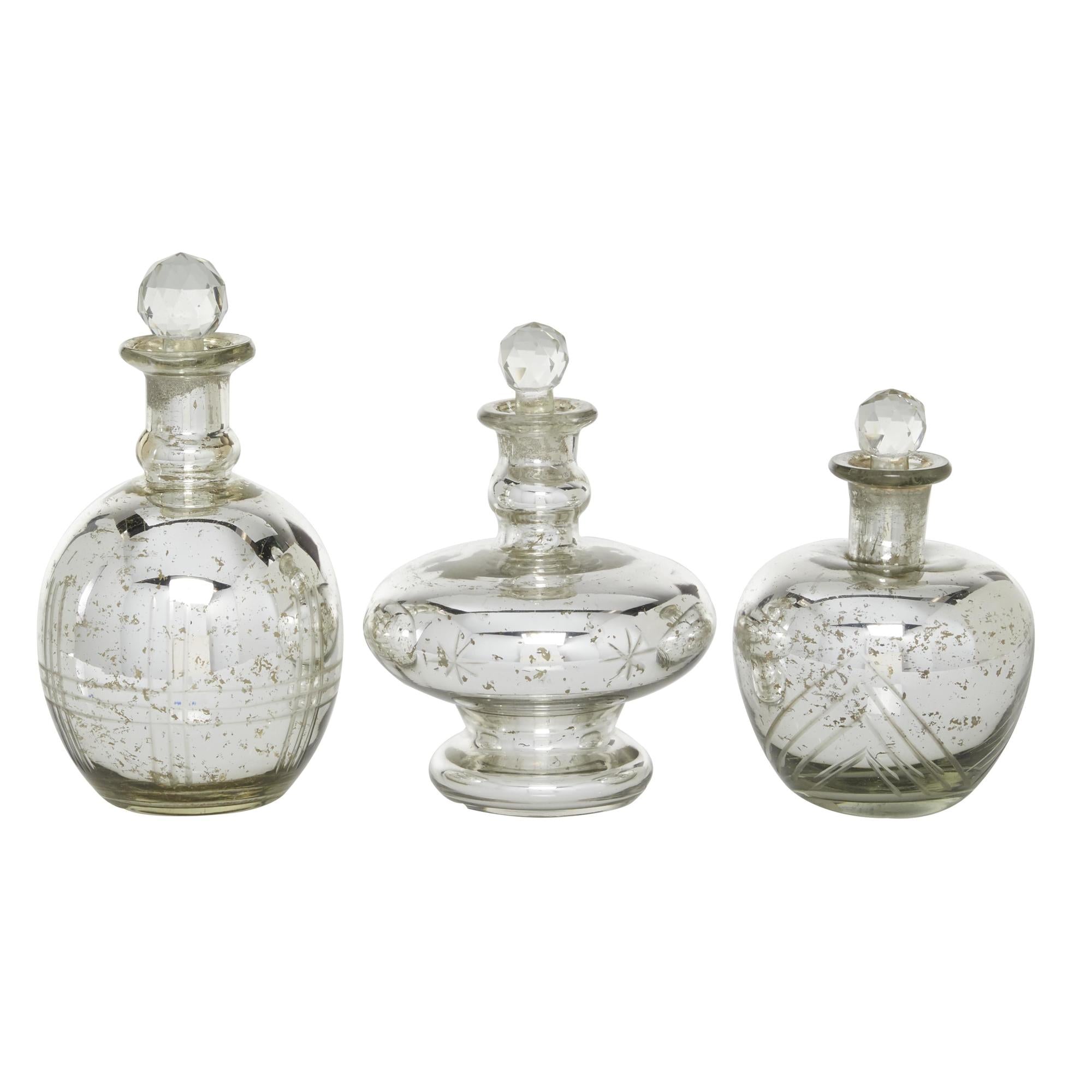 Set of 3 Silver Glass Living Room Decorative Jars with Crystal Stoppers