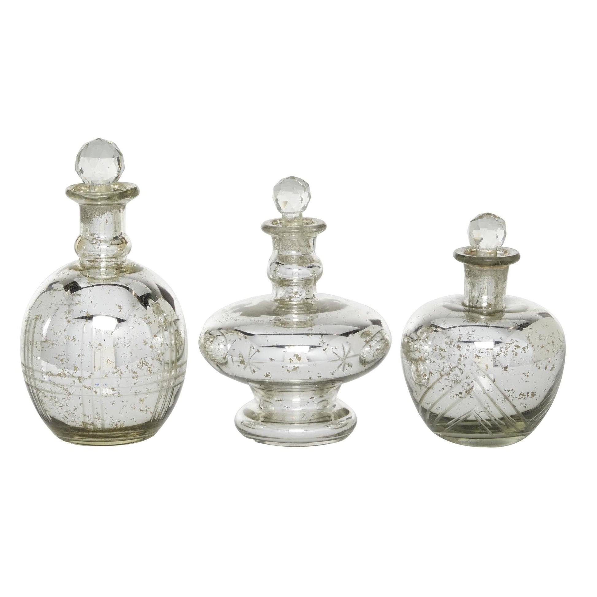 Set of 3 Silver Glass Living Room Decorative Jars with Crystal Stoppers
