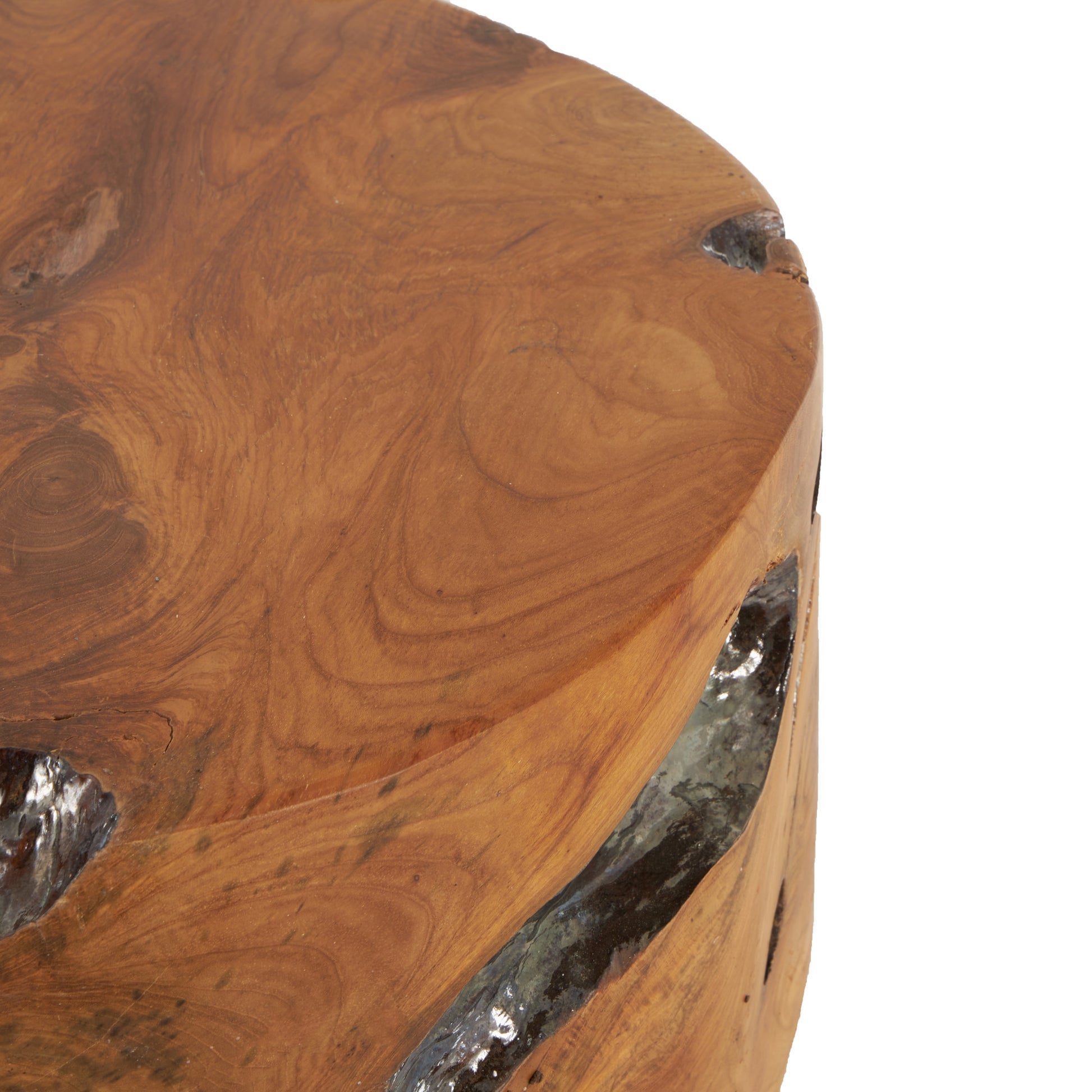 Brown Teak Wood Handmade Live Edge Tree Stump Living Room Stool with Silver Accents