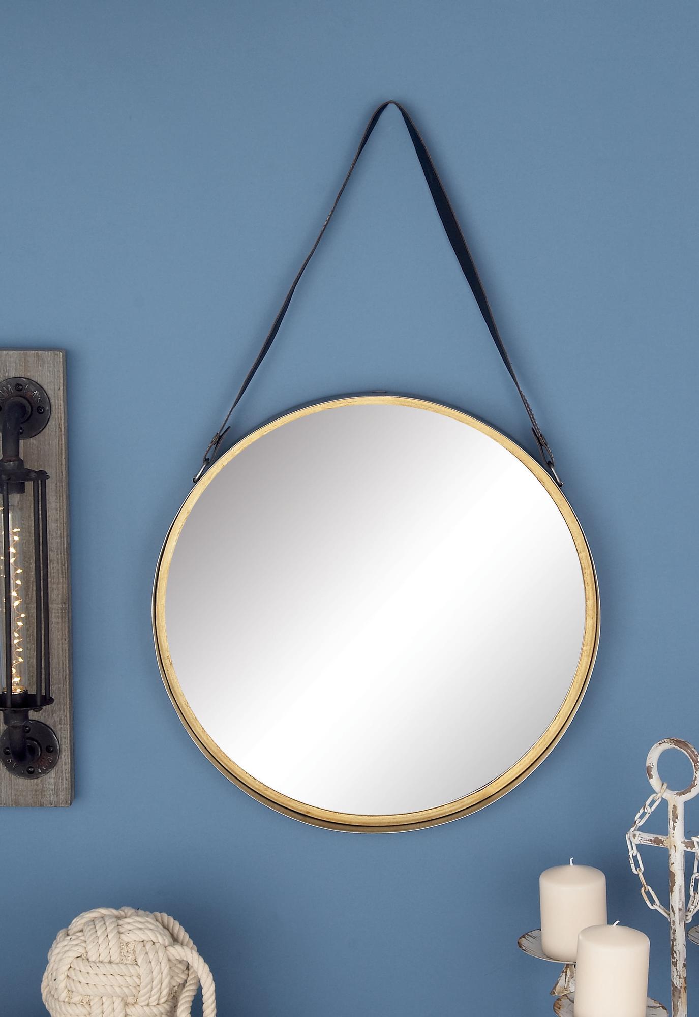 Gold Metal Small Room Wall Mirror with Leather Hanging Strap