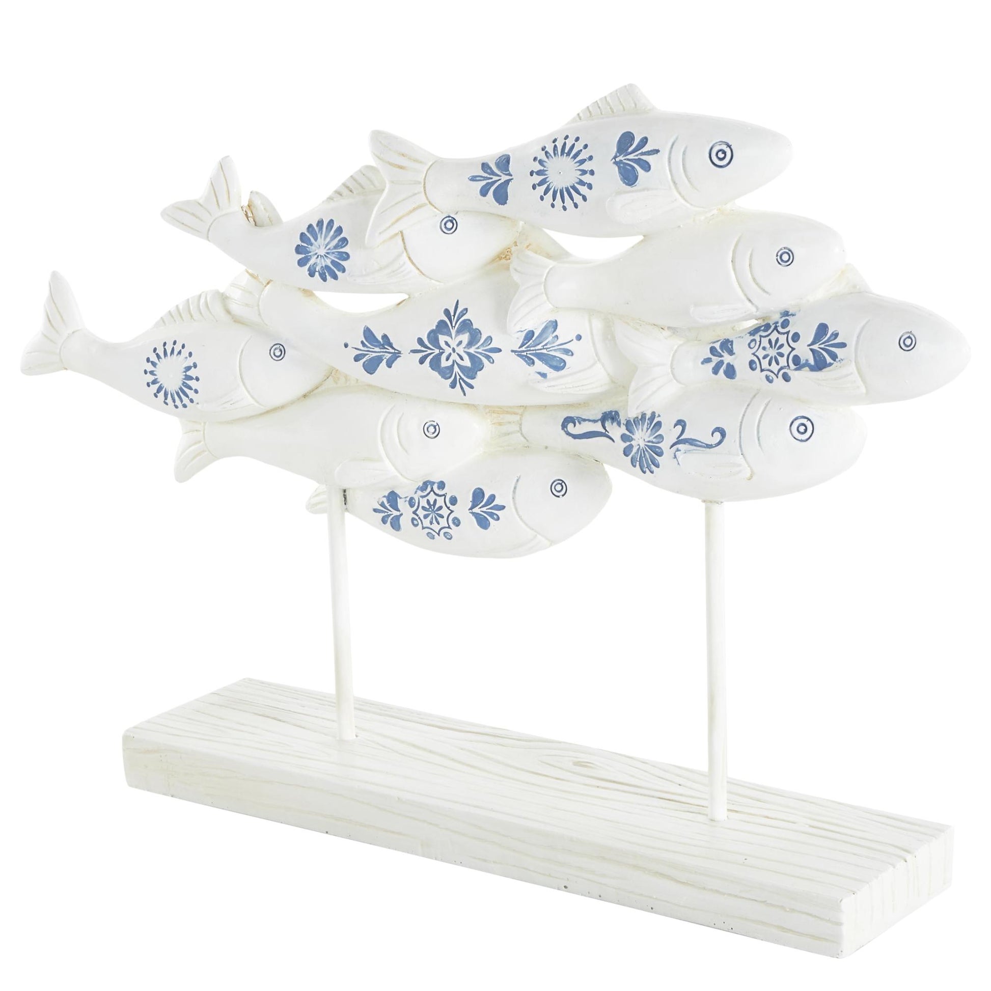 Fish White Polystone Decorative Sculpture with Blue Floral Patterns and Stand