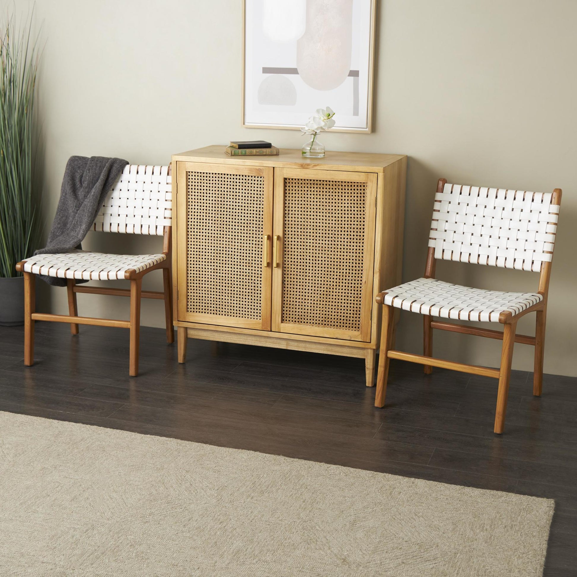 Leather Handmade Woven Kitchen Dining Chair with Teak Wood Frame