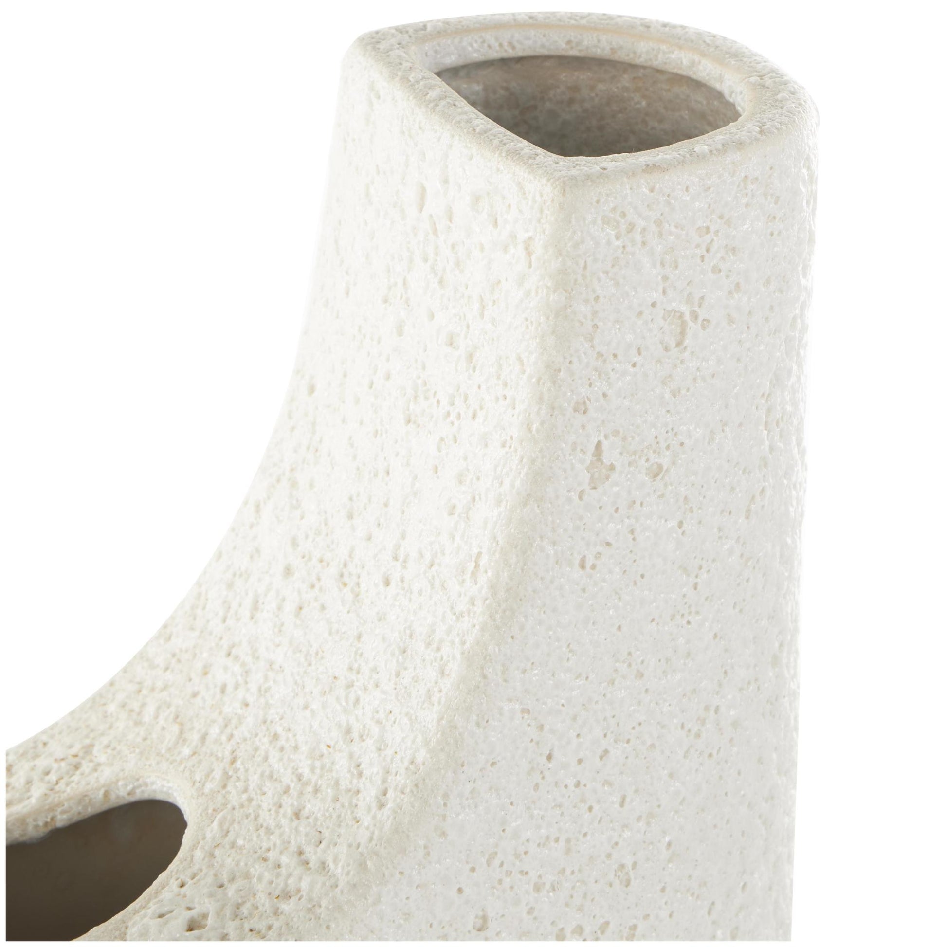 Abstract White Ceramic Curved Decorative Vase with Dual Openings and Speckled Texturing