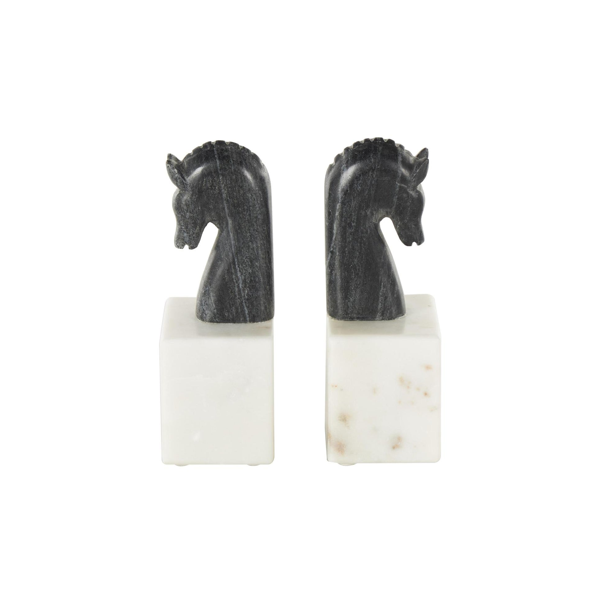 Set of 2 Horse Black Marble Distressed Decorative Bookends with White Block Bases