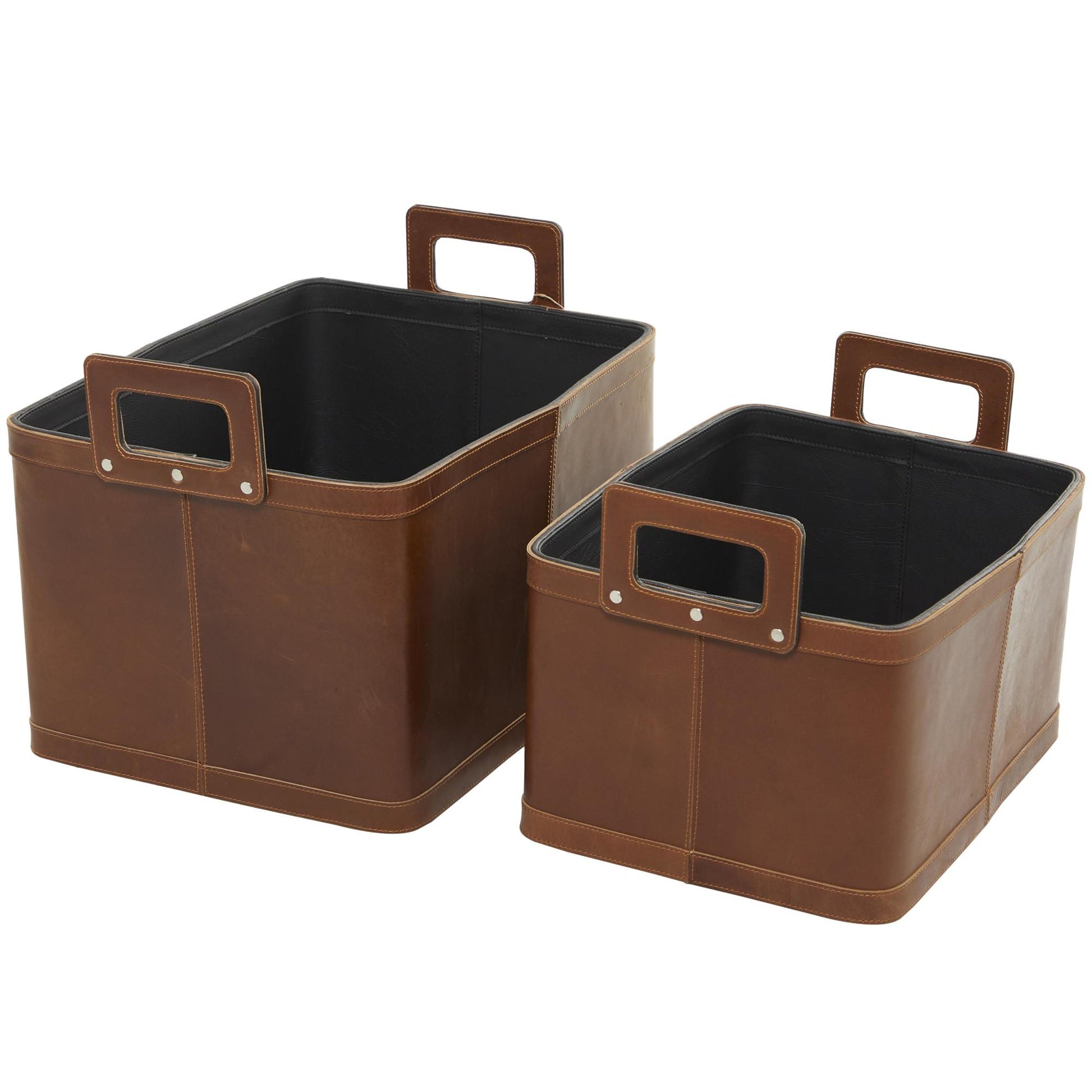 Set of 2 Leather Handmade Decorative and Functional Storage Basket with Handles