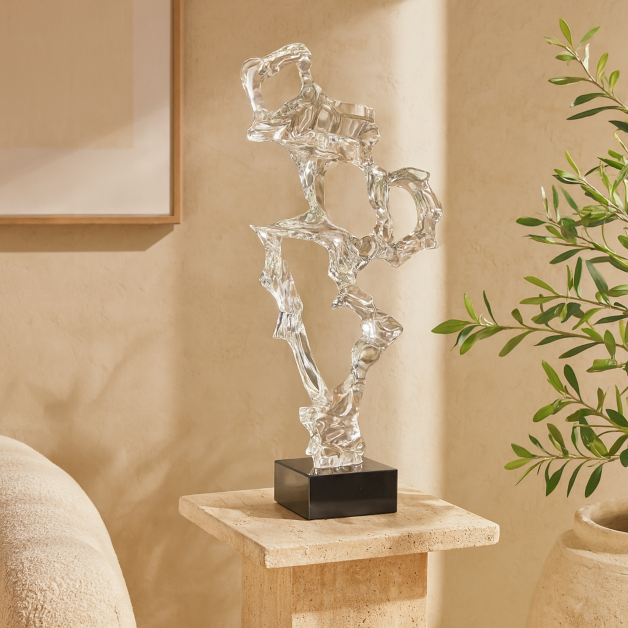 Abstract Clear Resin Decorative Sculpture with Black Square Base