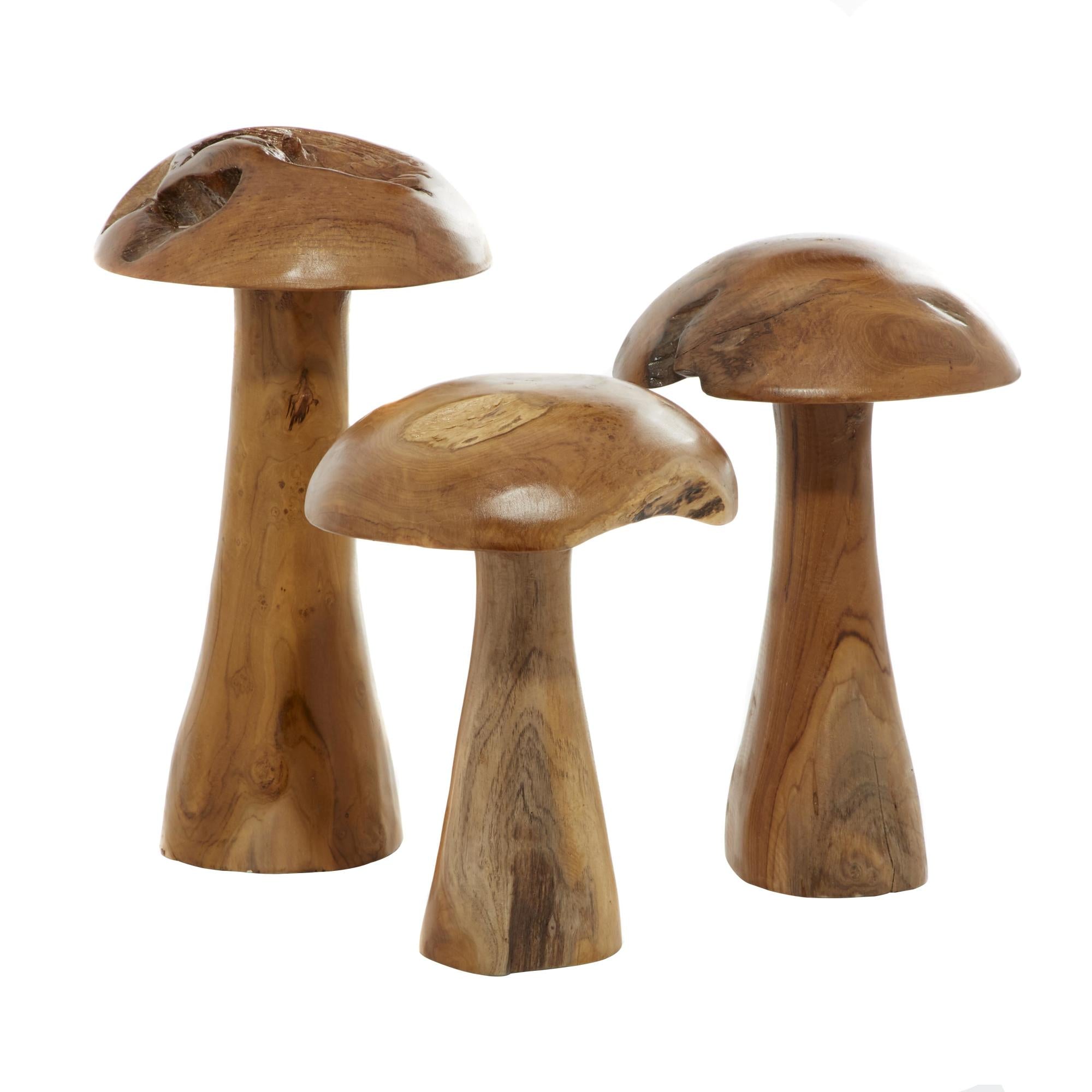 Set of 3 Mushroom Brown Teak Wood Handmade Live Edge Decorative Sculpture with Natural Smooth Finish