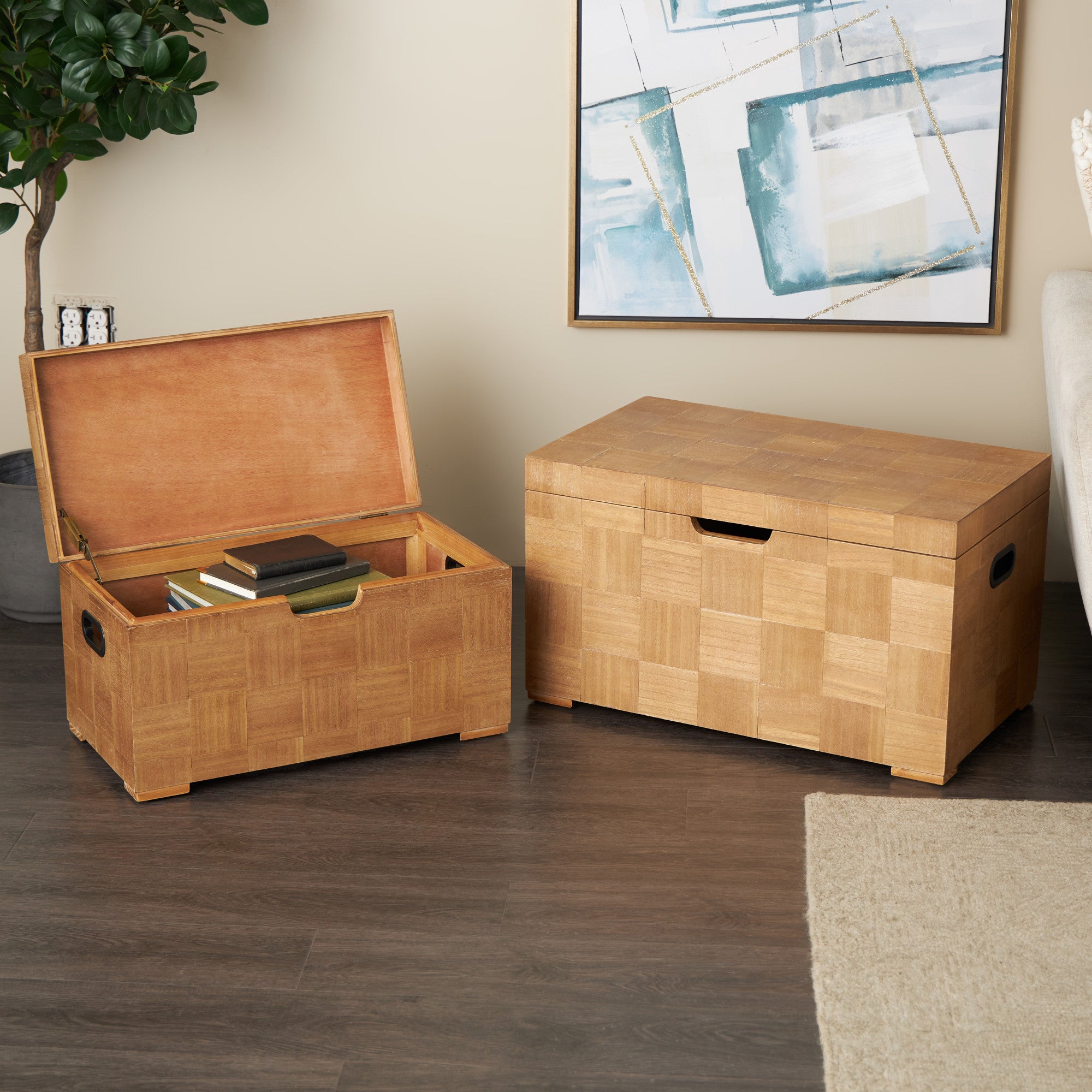 Set of 2 Brown Wood Handmade Decorative Trunk with Black Metal Accents and Square Patterns