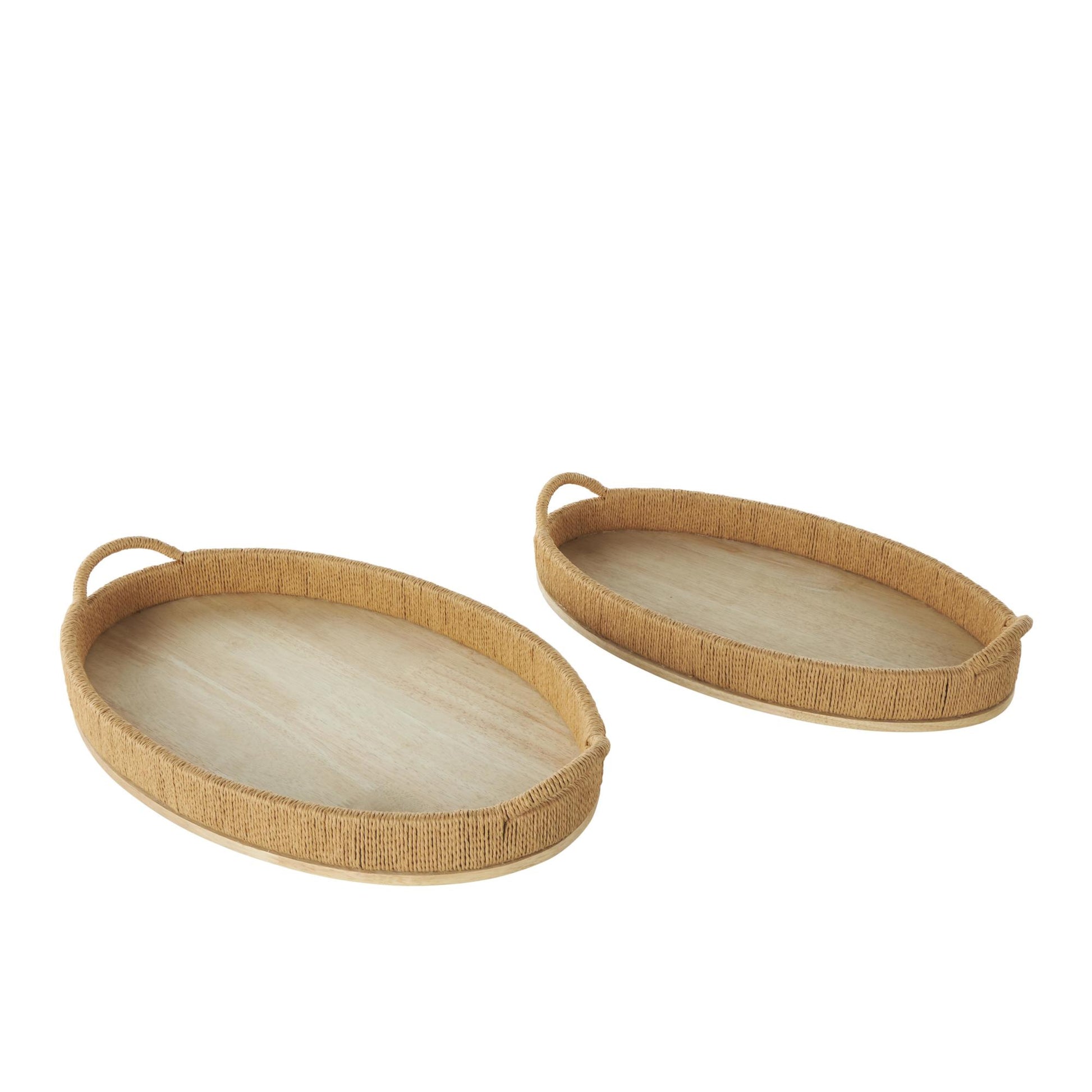 Set of 2 Brown Wood Handmade Living Room Decor Tray with Wood Base