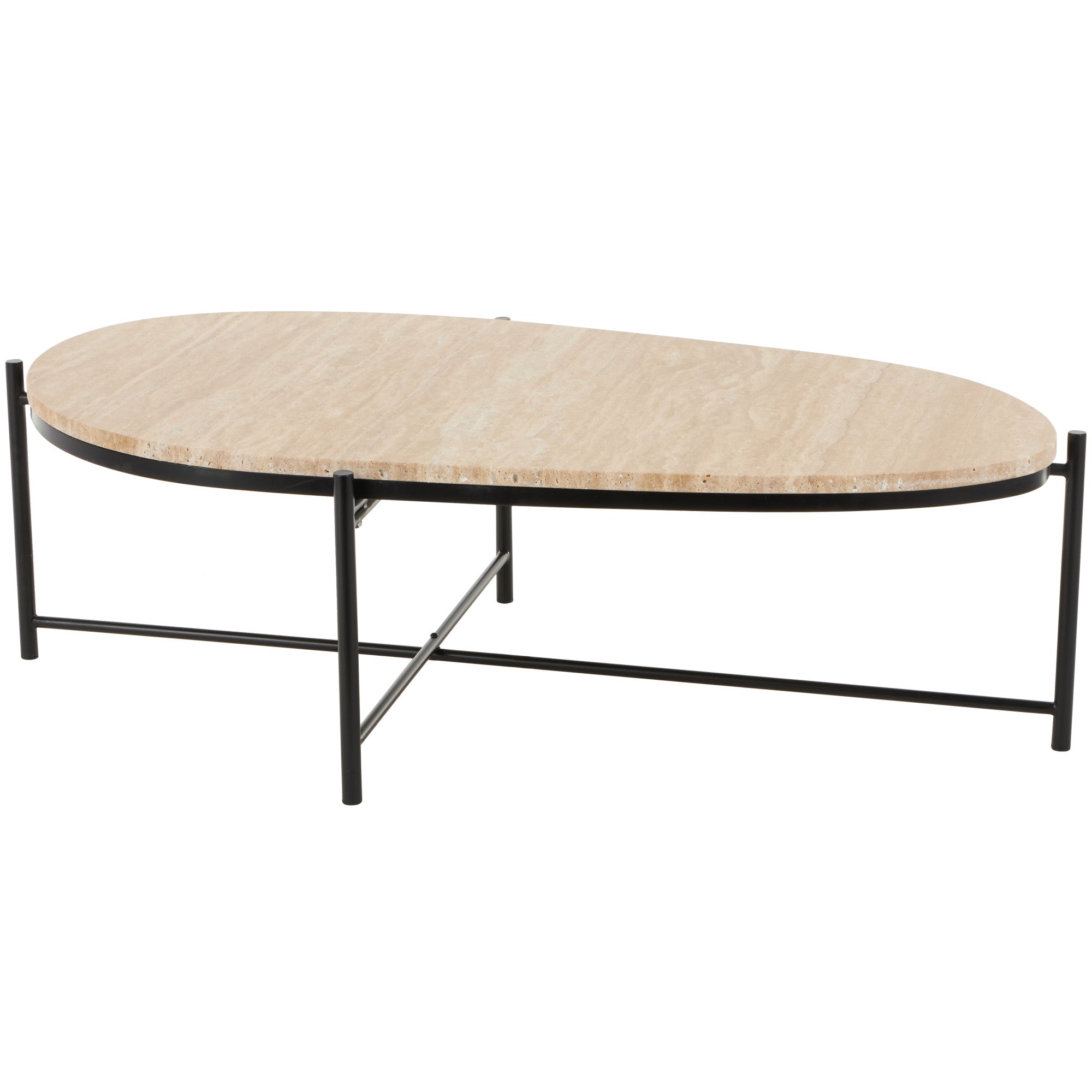 Beige Marble Oval Living Room Coffee Table with Black Metal Support