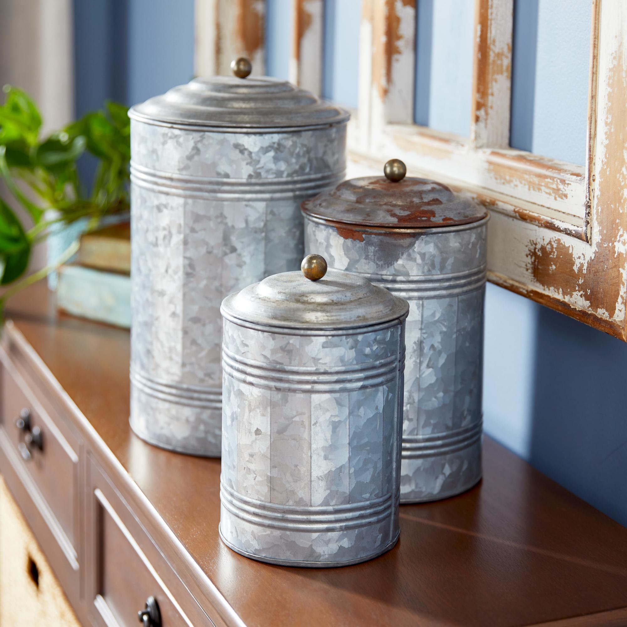 Set of 3 Gray Metal Galvanized Ribbed Living Room Decorative Jars with Gold Ball Knobs
