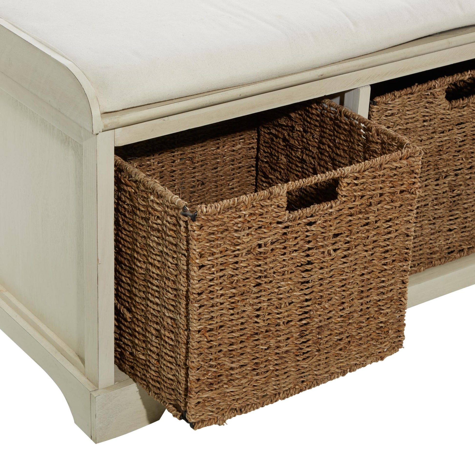 White Wood Room Storage Bench with Brown Seagrass Baskets and Cushioned Seat