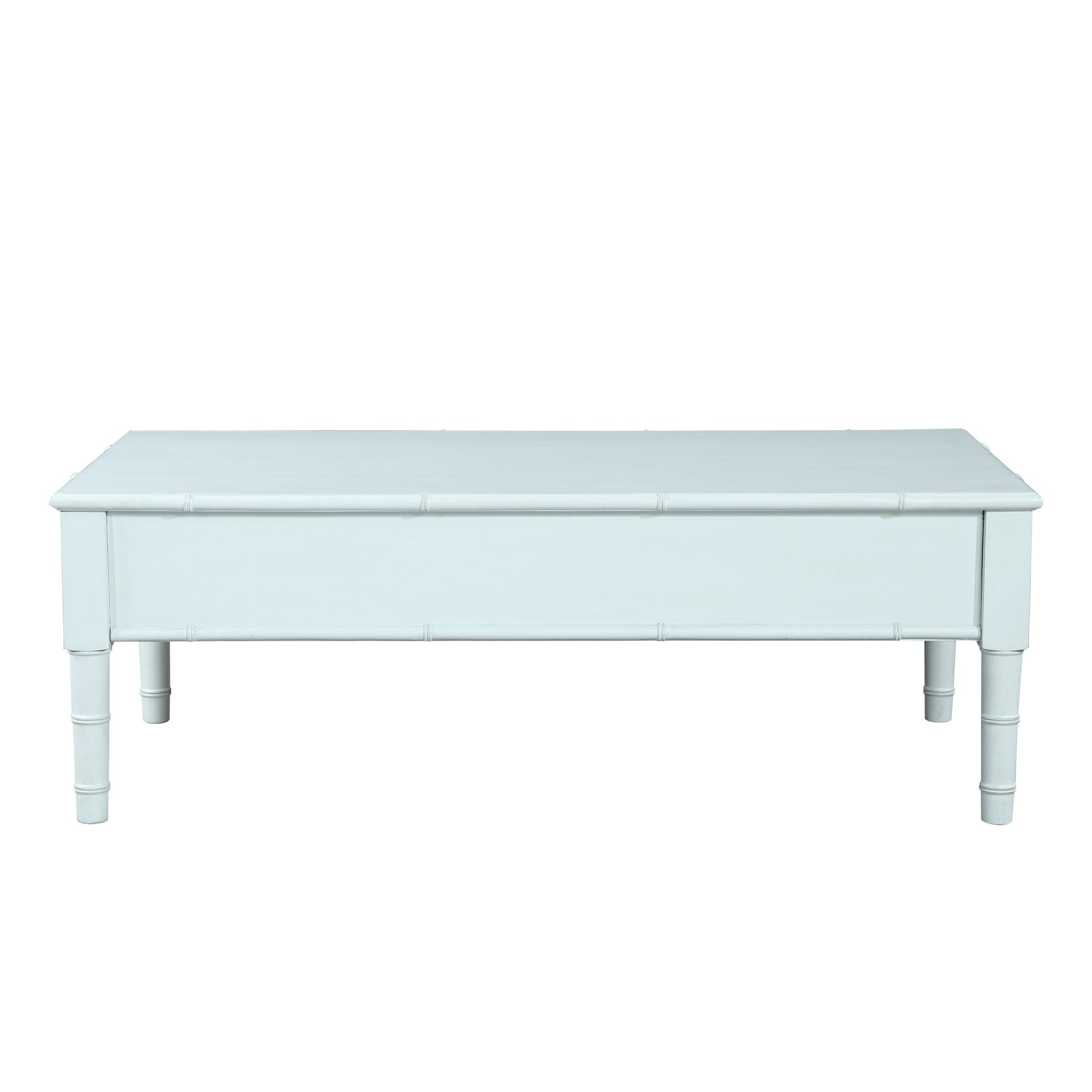 Light Blue Wood 2 Drawer Living Room Coffee Table with Bamboo Inspired Detailing and Bronze Knobs