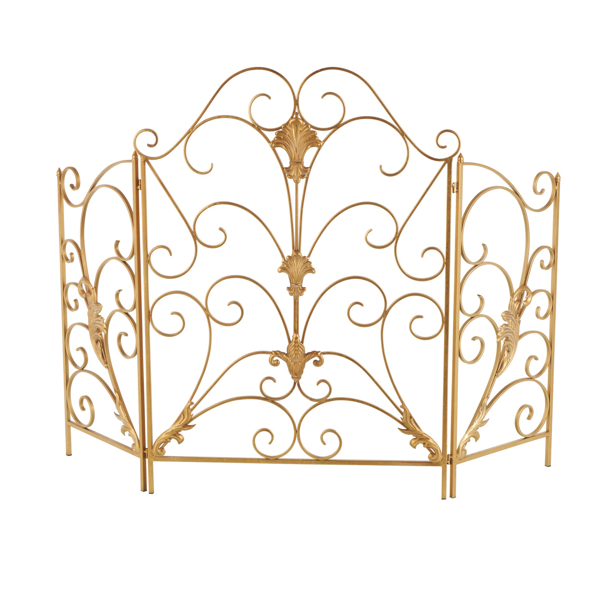Scroll Gold Metal Foldable 3 Panel Living Room Fireplace Screen with Fleur De Lis Accents