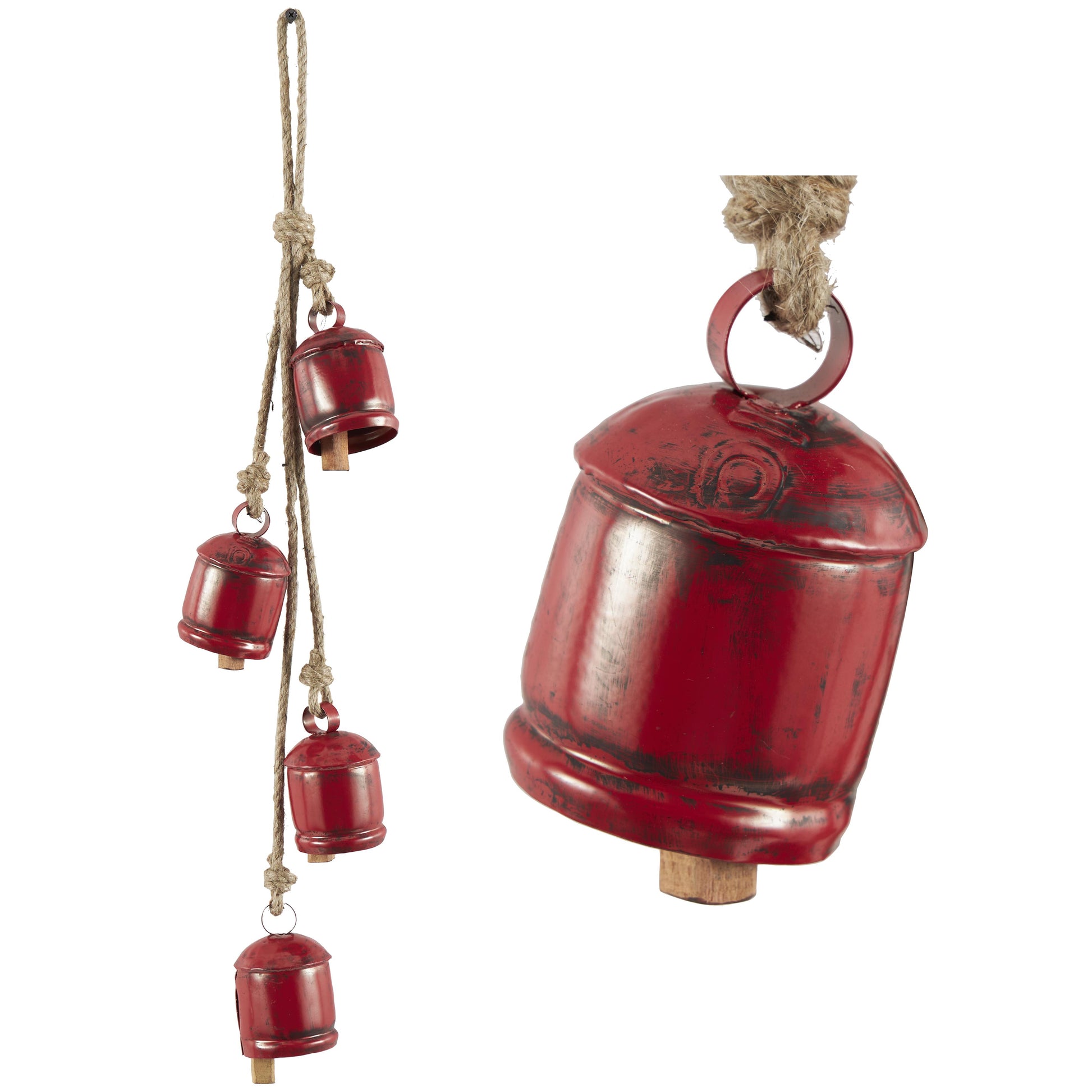Metal Tibetan Inspired Indoor Outdoor Decorative Cow Bells with 4 Bells on Jute Hanging Rope