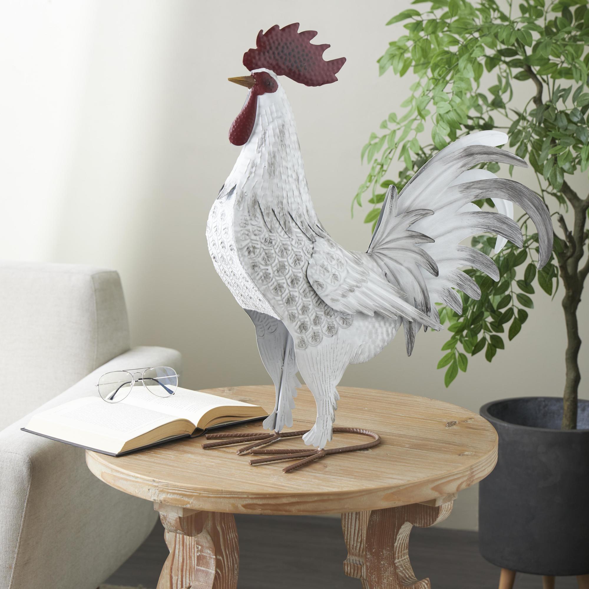 Rooster White Metal Decorative Garden Sculpture with Black Texturing and Red Accents