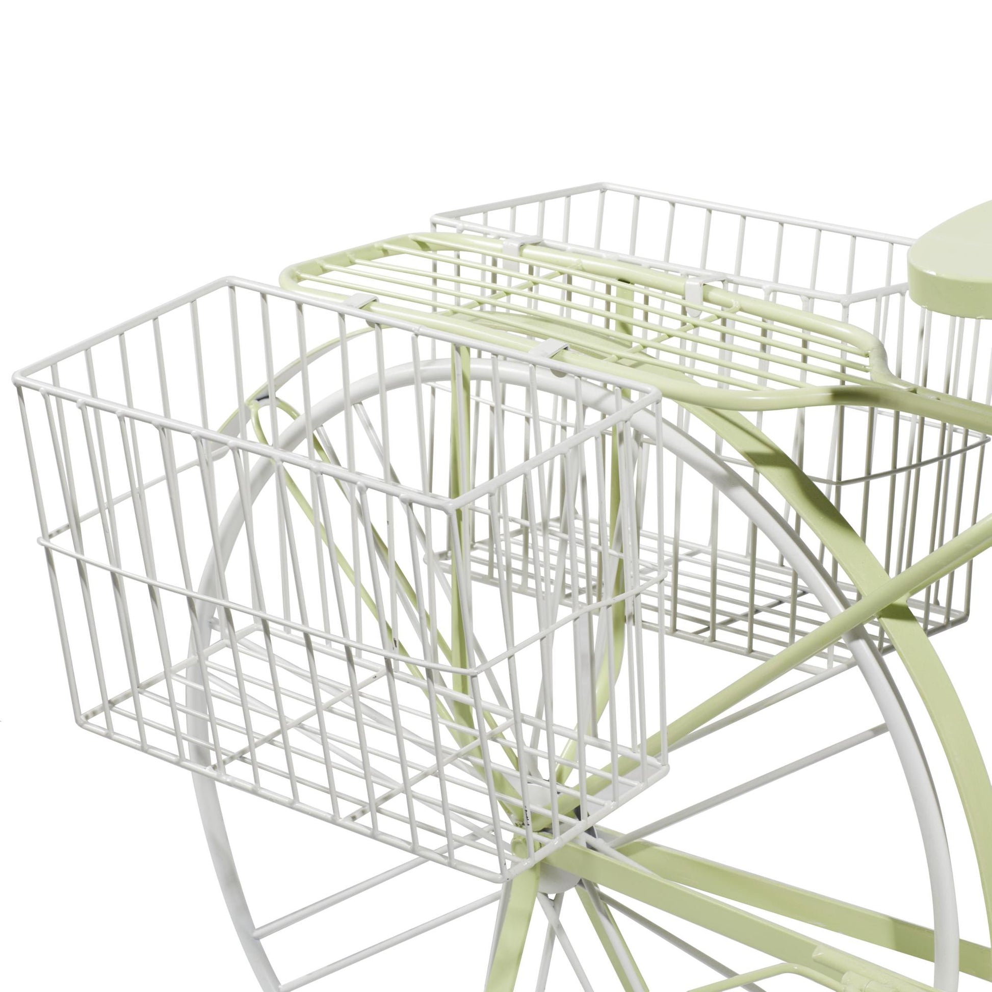 Bike Green Metal Indoor Outdoor Plantstand with Basket and Saddle Bag Planters