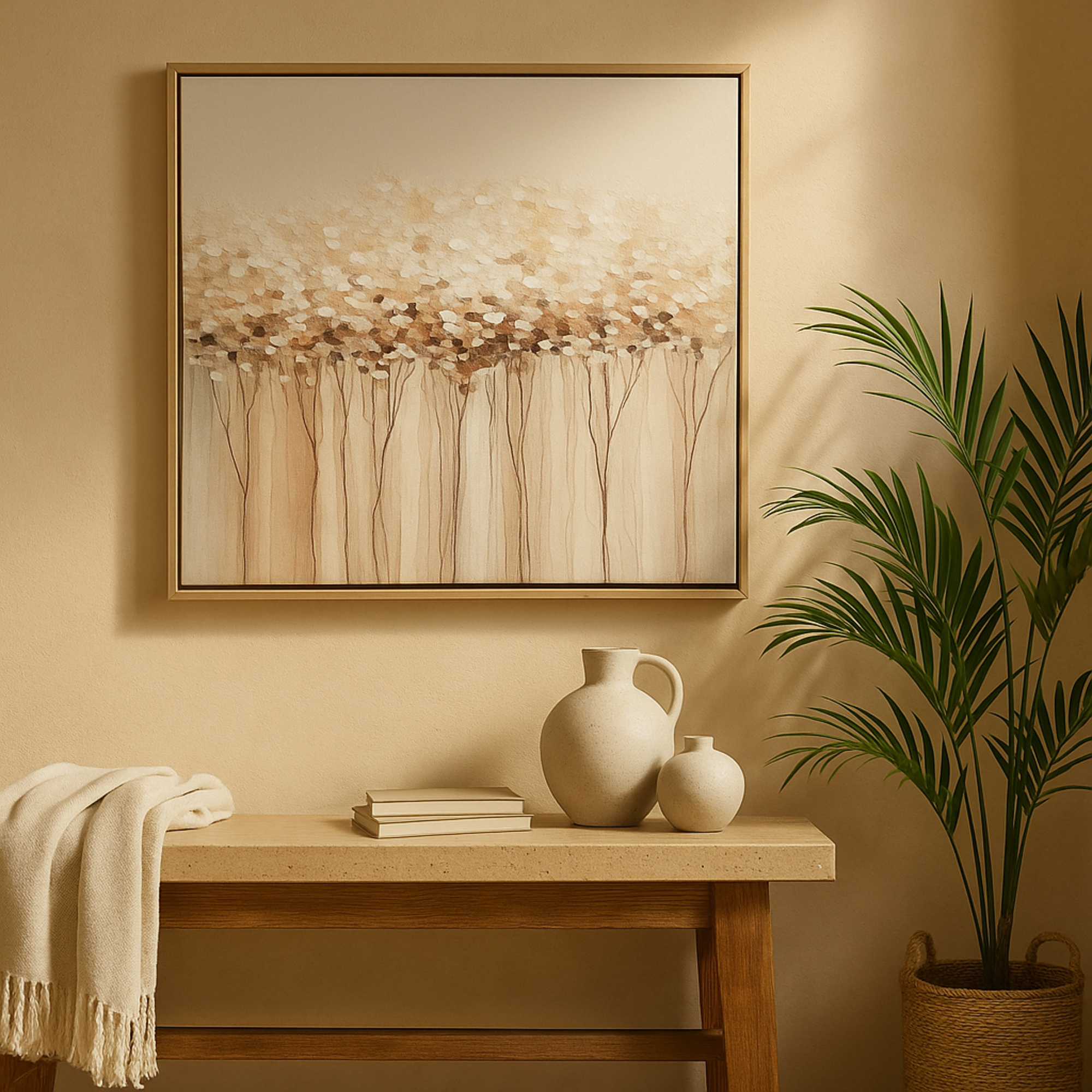 Tree Multi Colored Canvas Abstract Living Room Framed Wall Art with Pink and Cream Paint Splotches