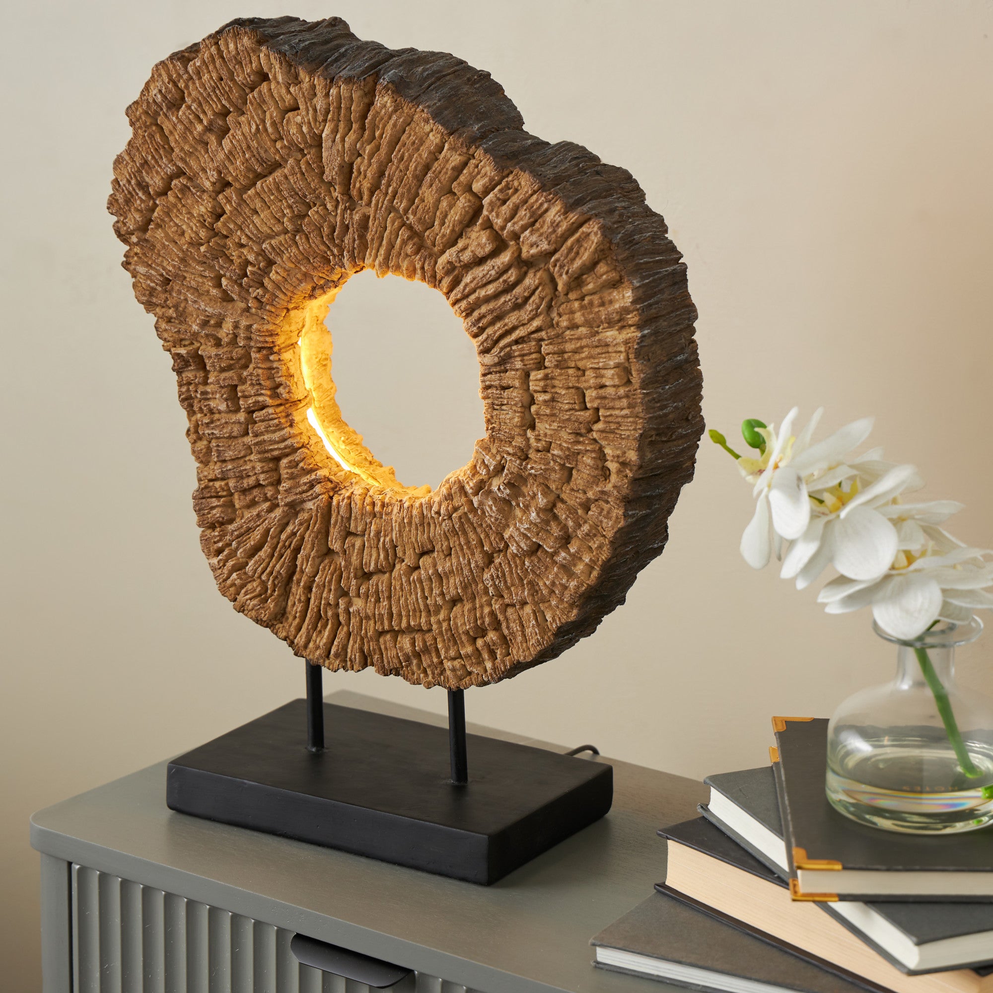 Brown Room Table Lamp with Round Cutout and Black Base