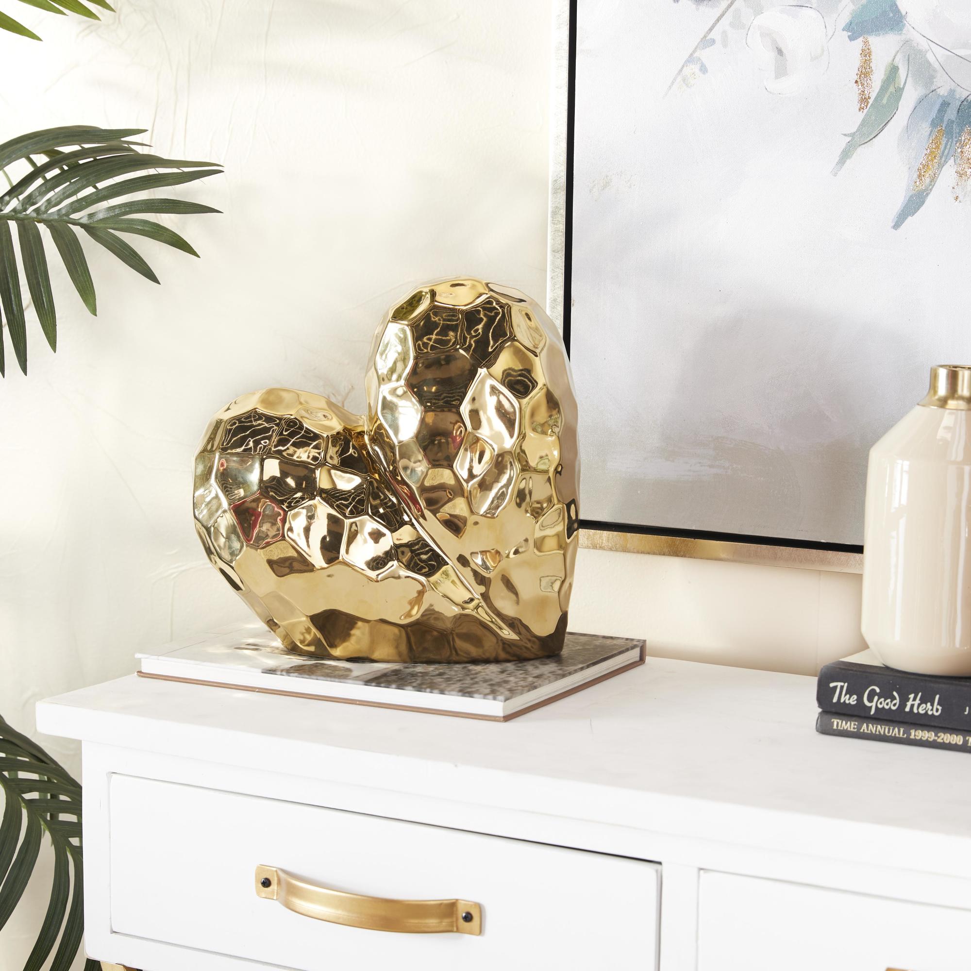 Heart Porcelain Ceramic Dimensional Angled Origami Inspired Decorative Sculpture with Faceted Exterior 12" x 6" x 11"