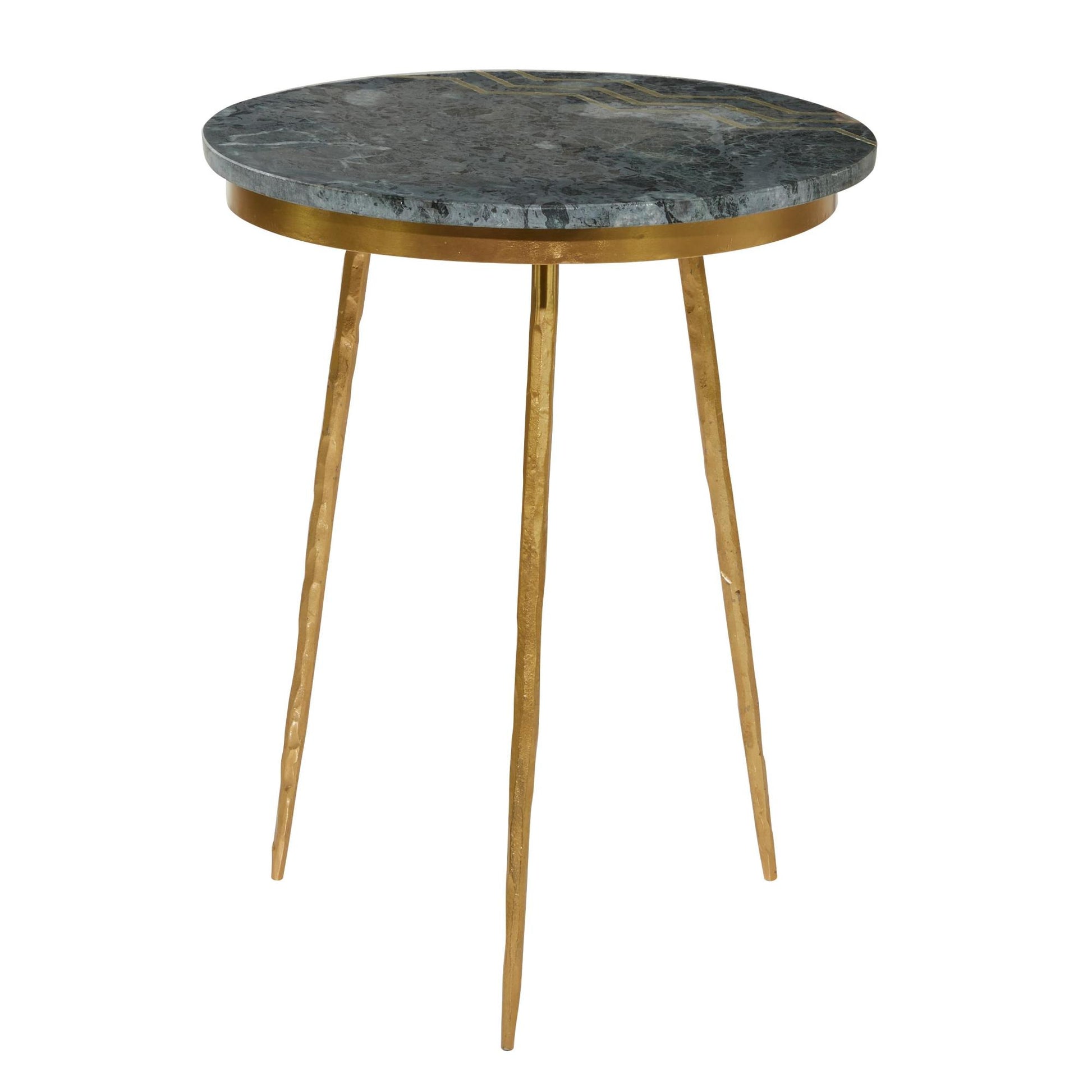 Green Marble Side End Accent Table with Gold Metal Tripod Legs and Zig-Zag Detail