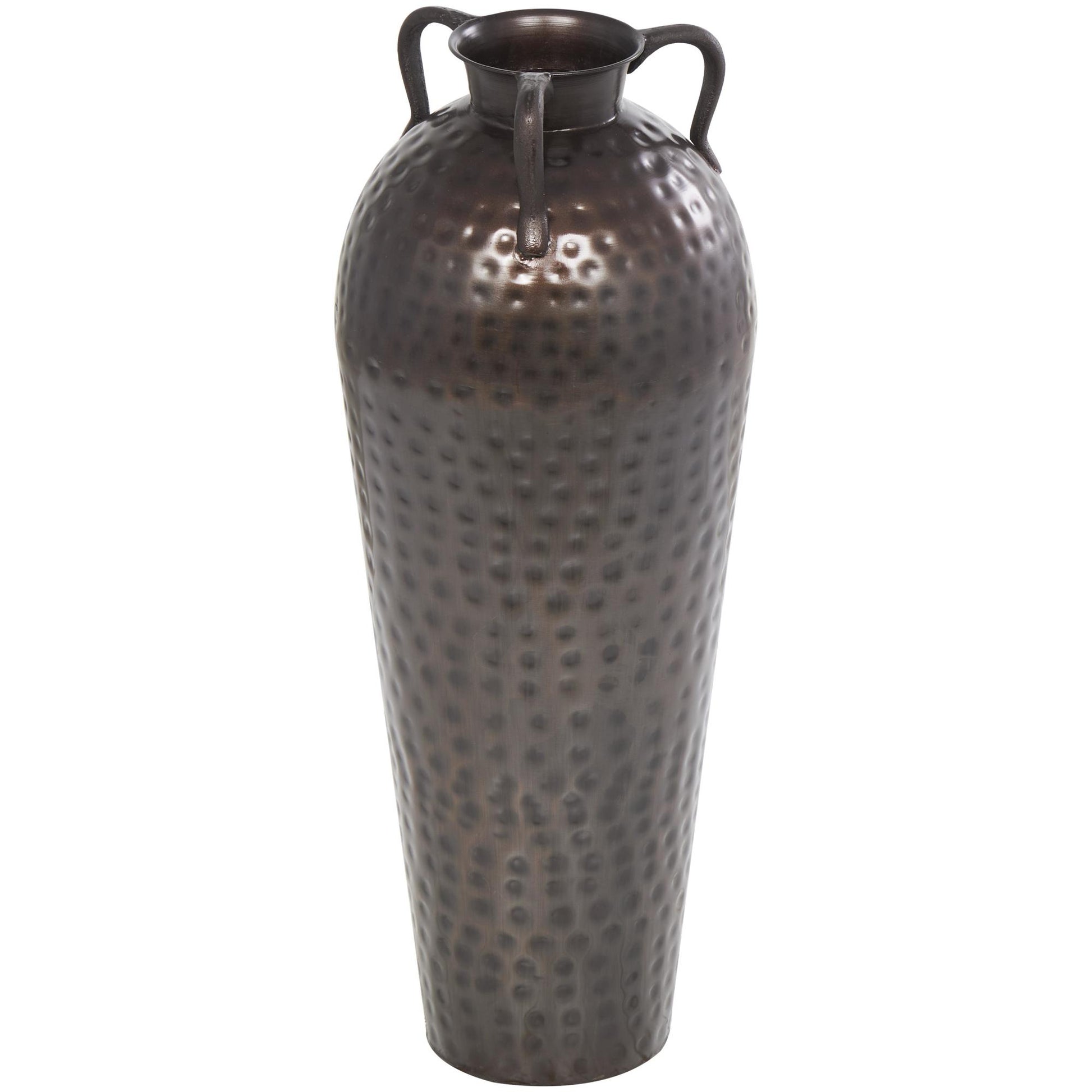 Brown Metal Tall Floor Mediterranean Style Decorative Vase with Hammered Details and Handles