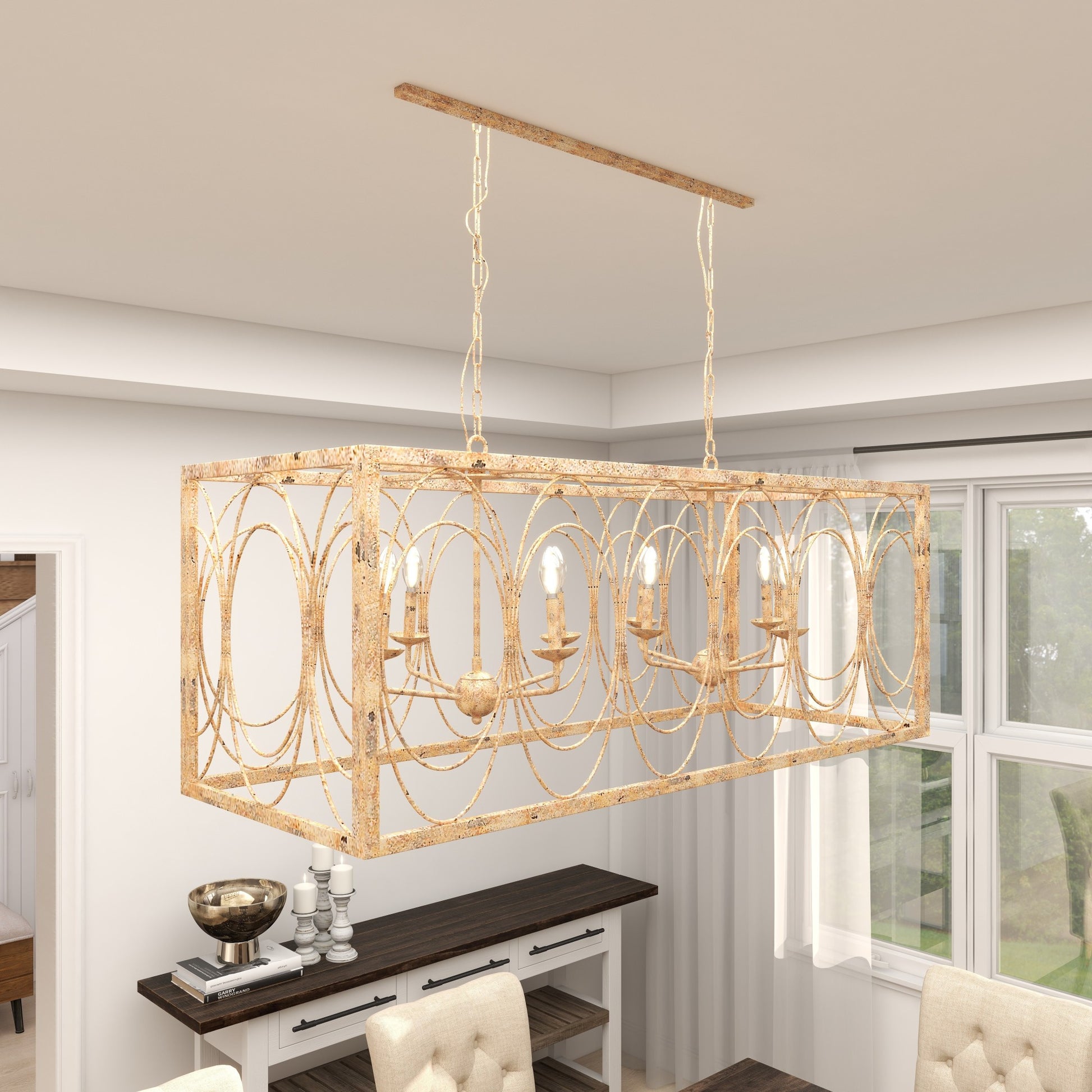 Gold Metal Distressed Caged 8 Light Room Chandelier with Link Style Chain