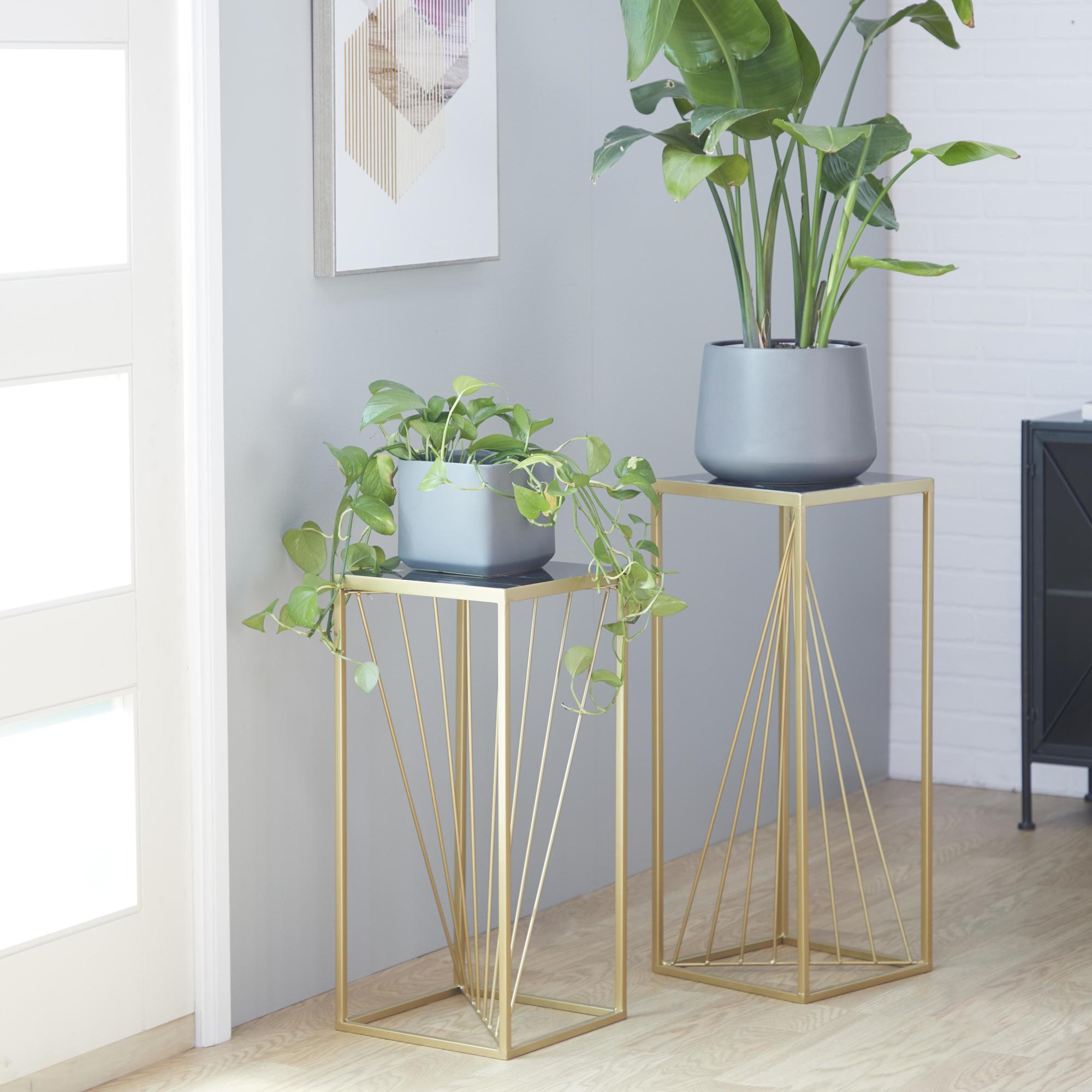 Set of 2 Geometric Gold Metal Side End Pedestal Table with Black Marble Top
