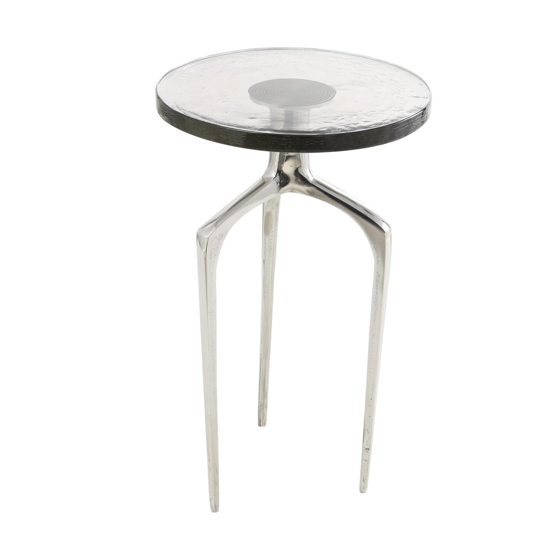 Aluminum Metal Small Tripod Side End Accent Table with Textured Glass Tabletop