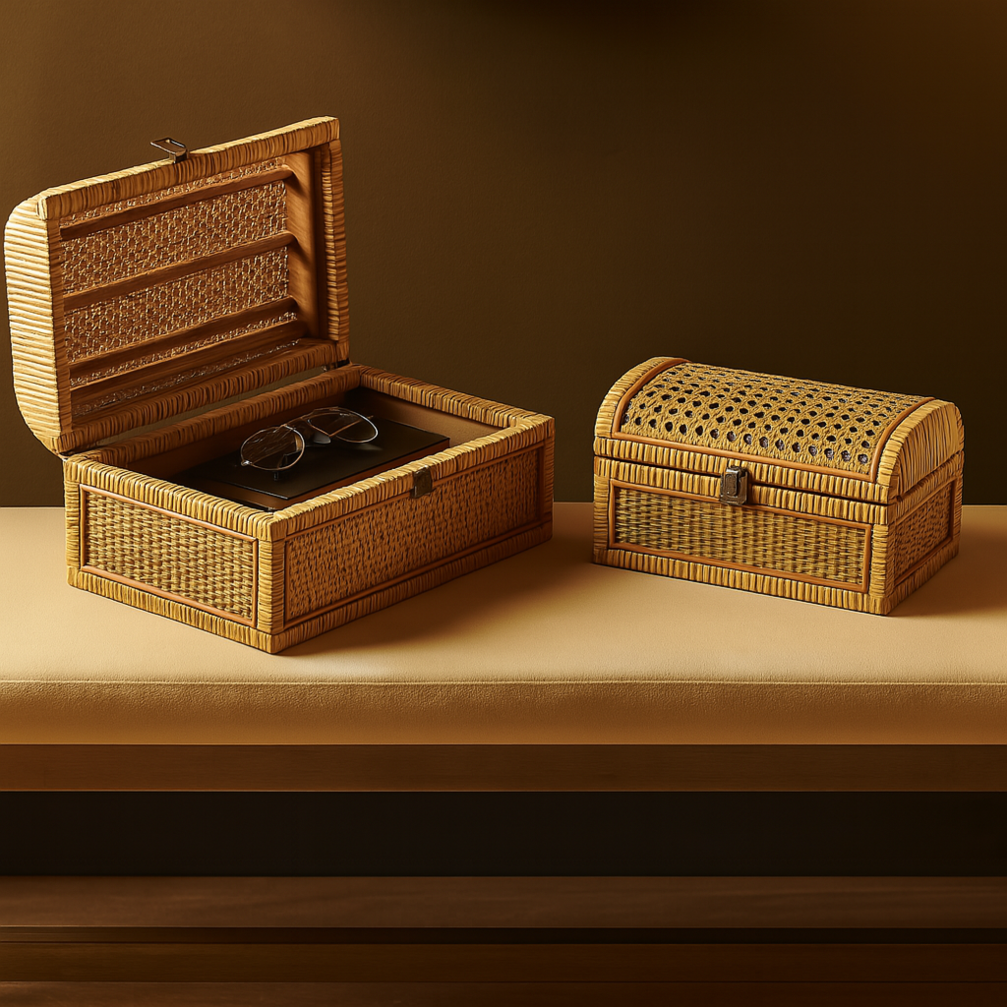 Set of 2 Brown Rattan Handmade Woven Storage Decorative Box with Curved Tops and Wrapped Edges