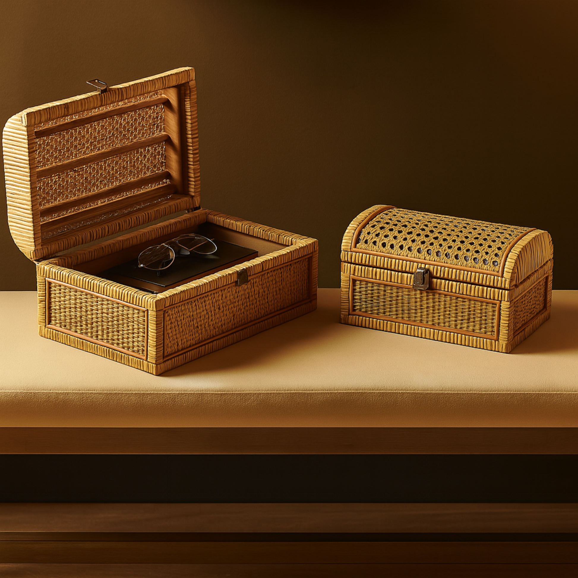 Set of 2 Brown Rattan Handmade Woven Storage Decorative Box with Curved Tops and Wrapped Edges