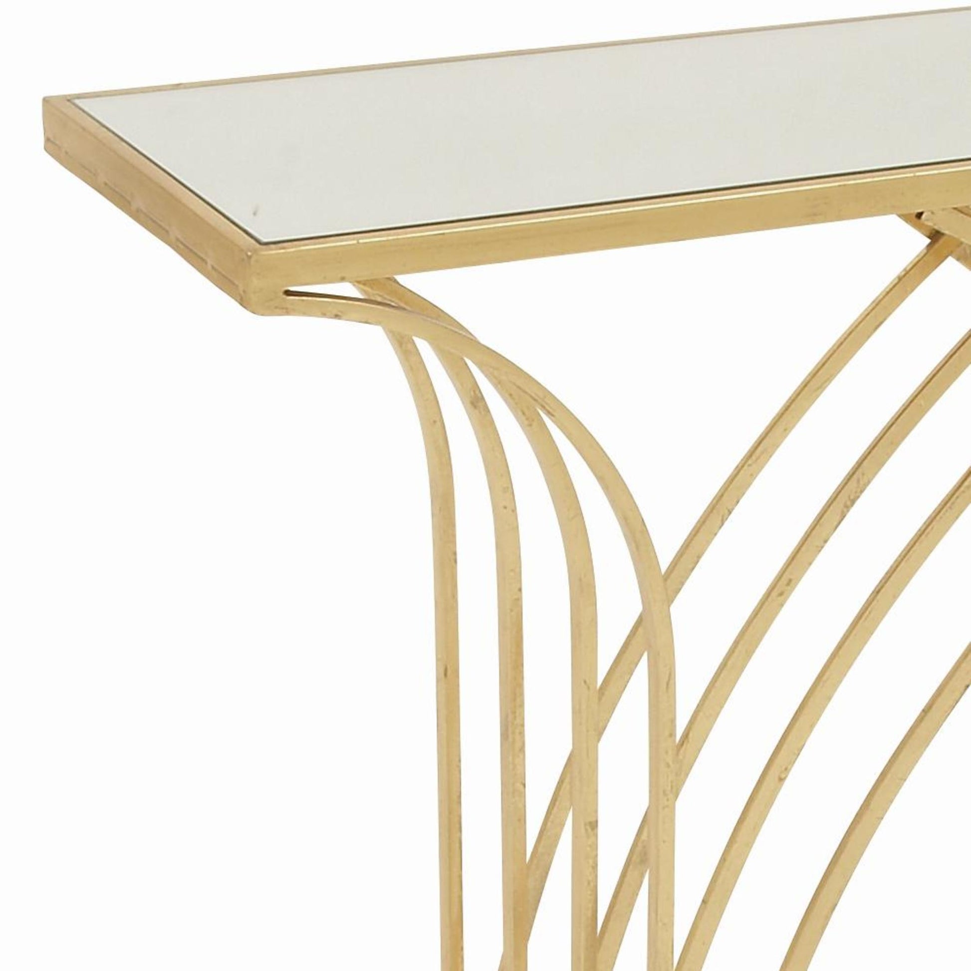 Geometric Gold Metal Rectangular Living Room Console Table with Mirrored Glass Top