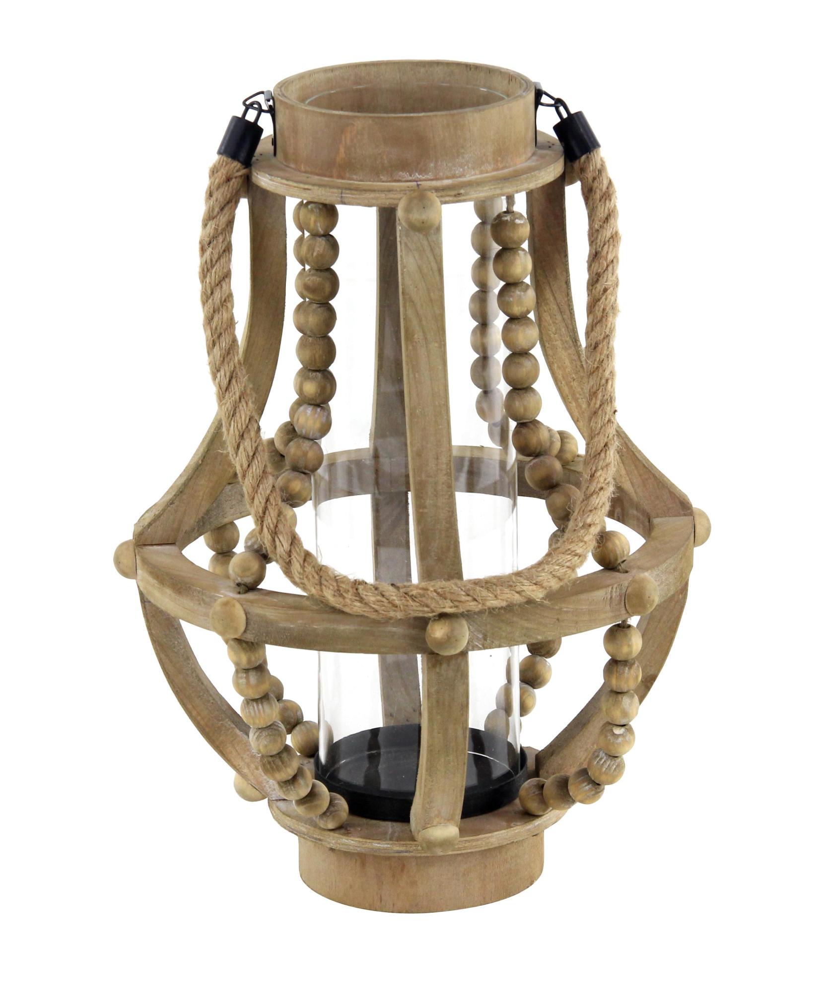 Beige Reclaimed Wood Beaded Decorative Indoor Outdoor Candle Lantern