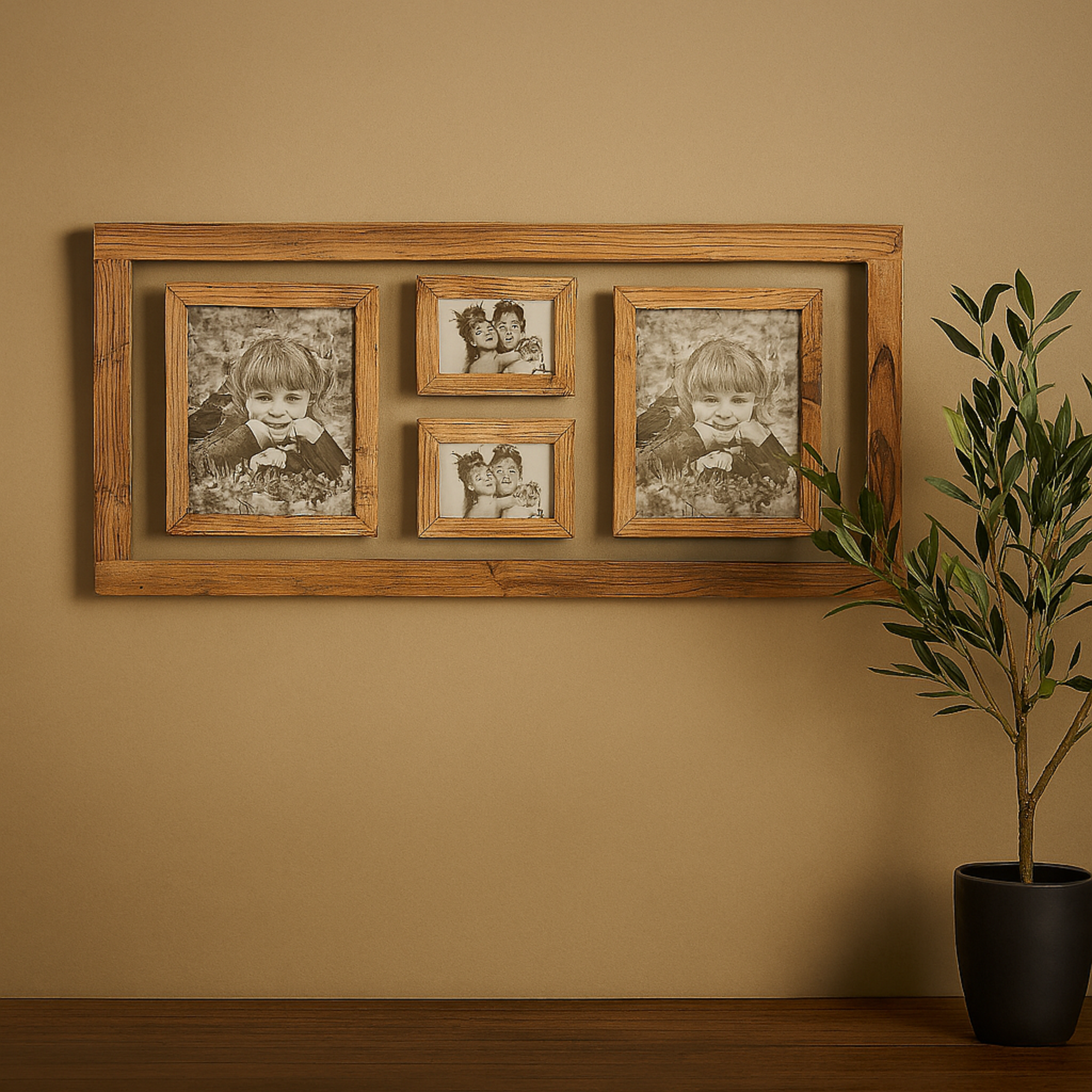 Brown Wood 4 Slot Ornate Wall Photo Frame with Wood Frame