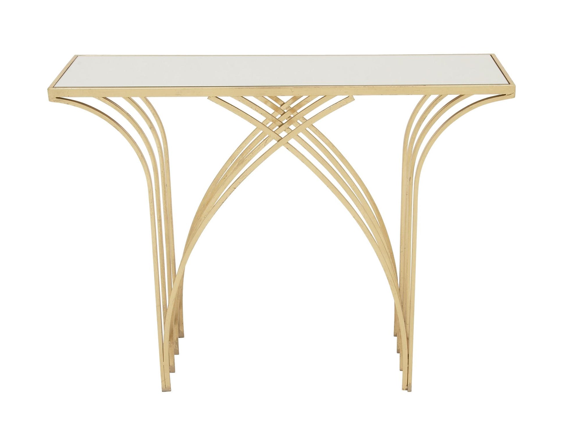 Geometric Gold Metal Rectangular Living Room Console Table with Mirrored Glass Top
