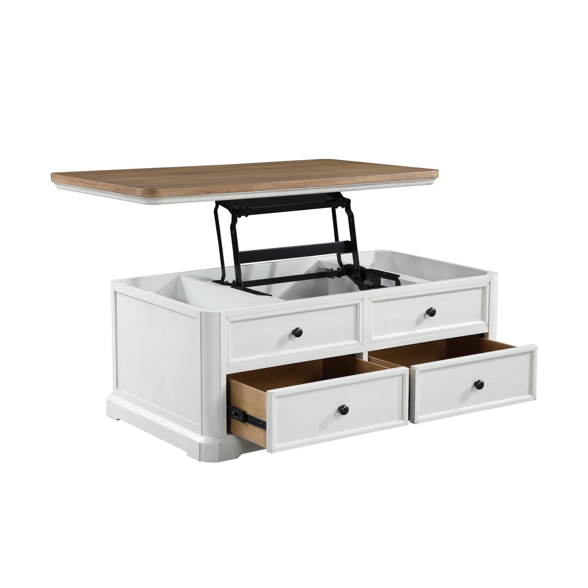 White Wood Lift Top Hidden Storage 4 Drawer Living Room Coffee Table with Brown Wood Tabletop and Black Round Knobs