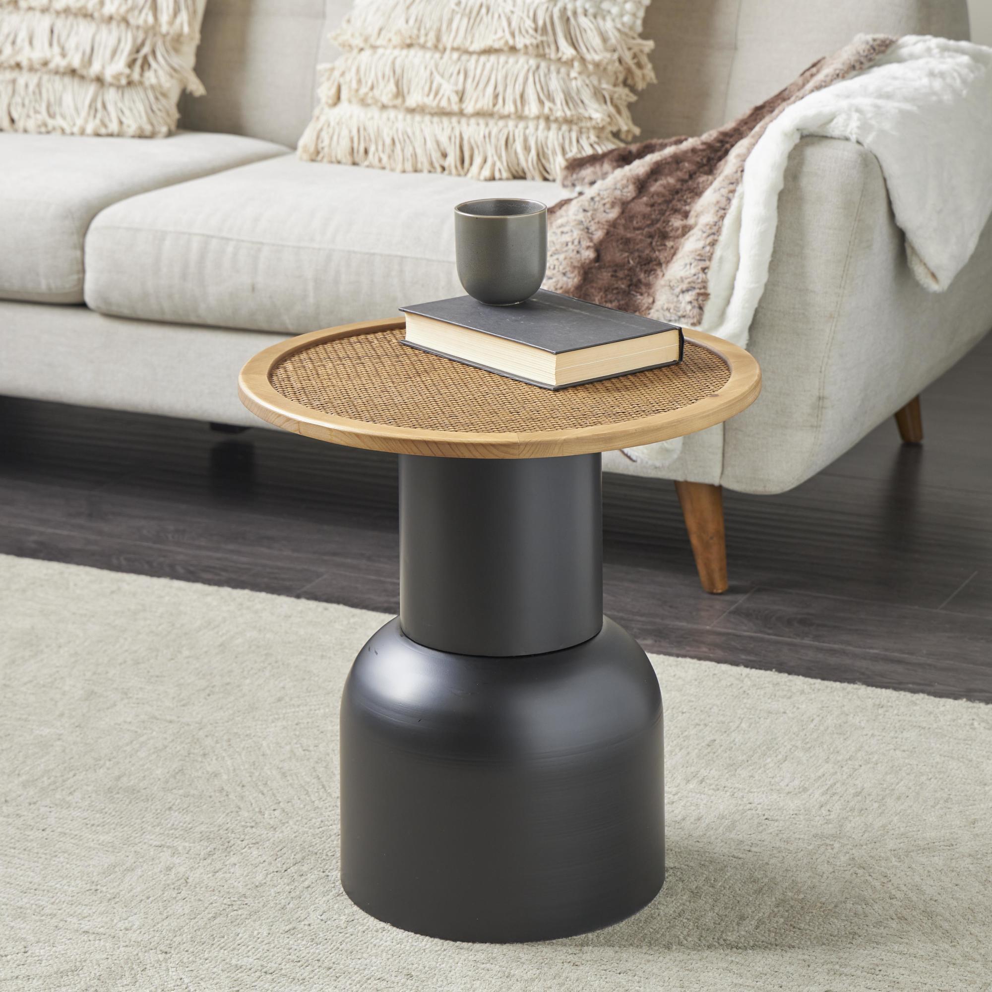 Black Metal Handmade Pedestal Side End Accent Table with Brown Rattan Tabletop
