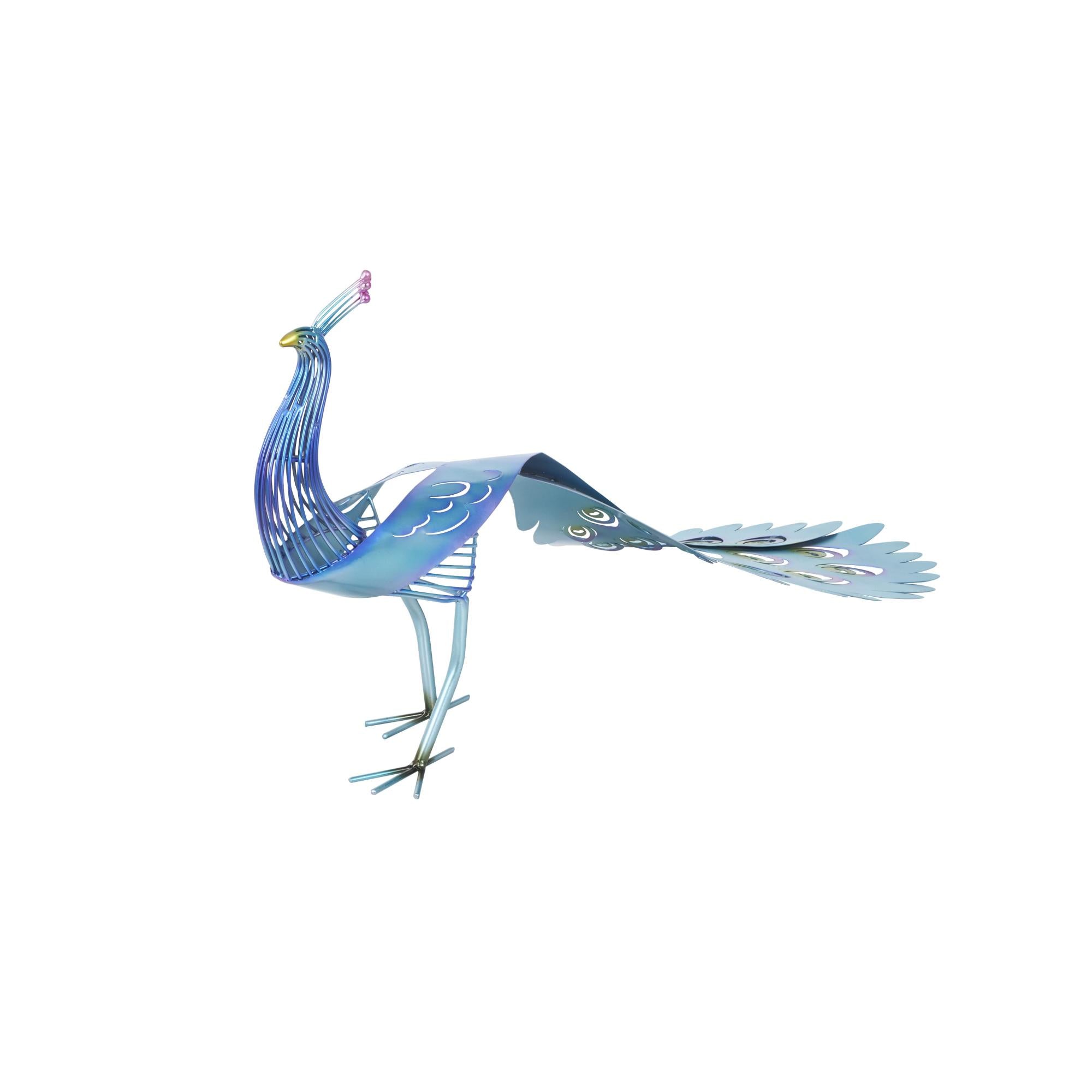 Peacock Blue Metal Decorative Garden Sculpture with Open Wire Framed Body and Rainbow Accents