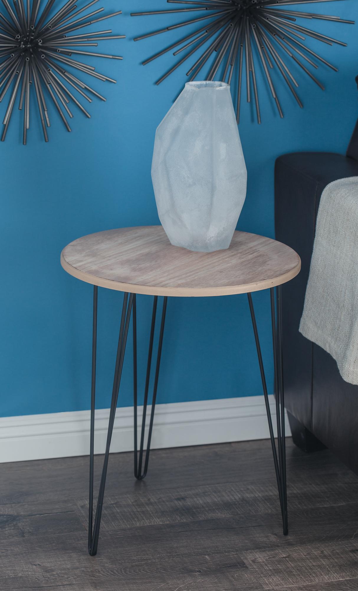 Brown Wooden Side End Accent Table with Black Metal Hairpin Legs