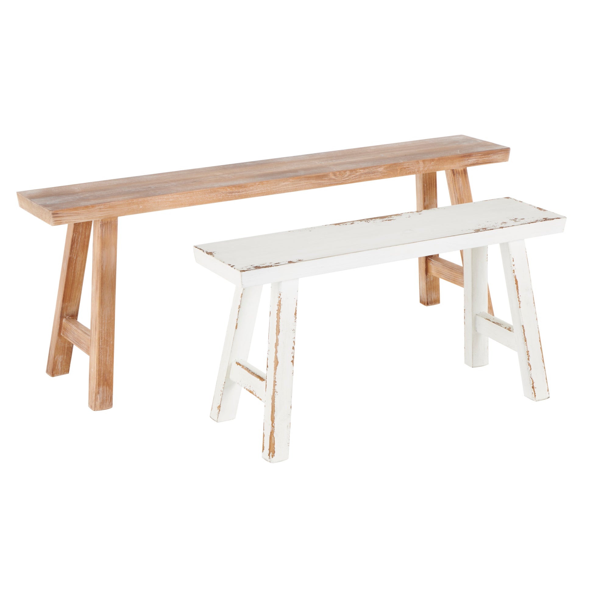 Set of 2 Brown Wood Slim Distressed Home Bench with Smaller White Bench
