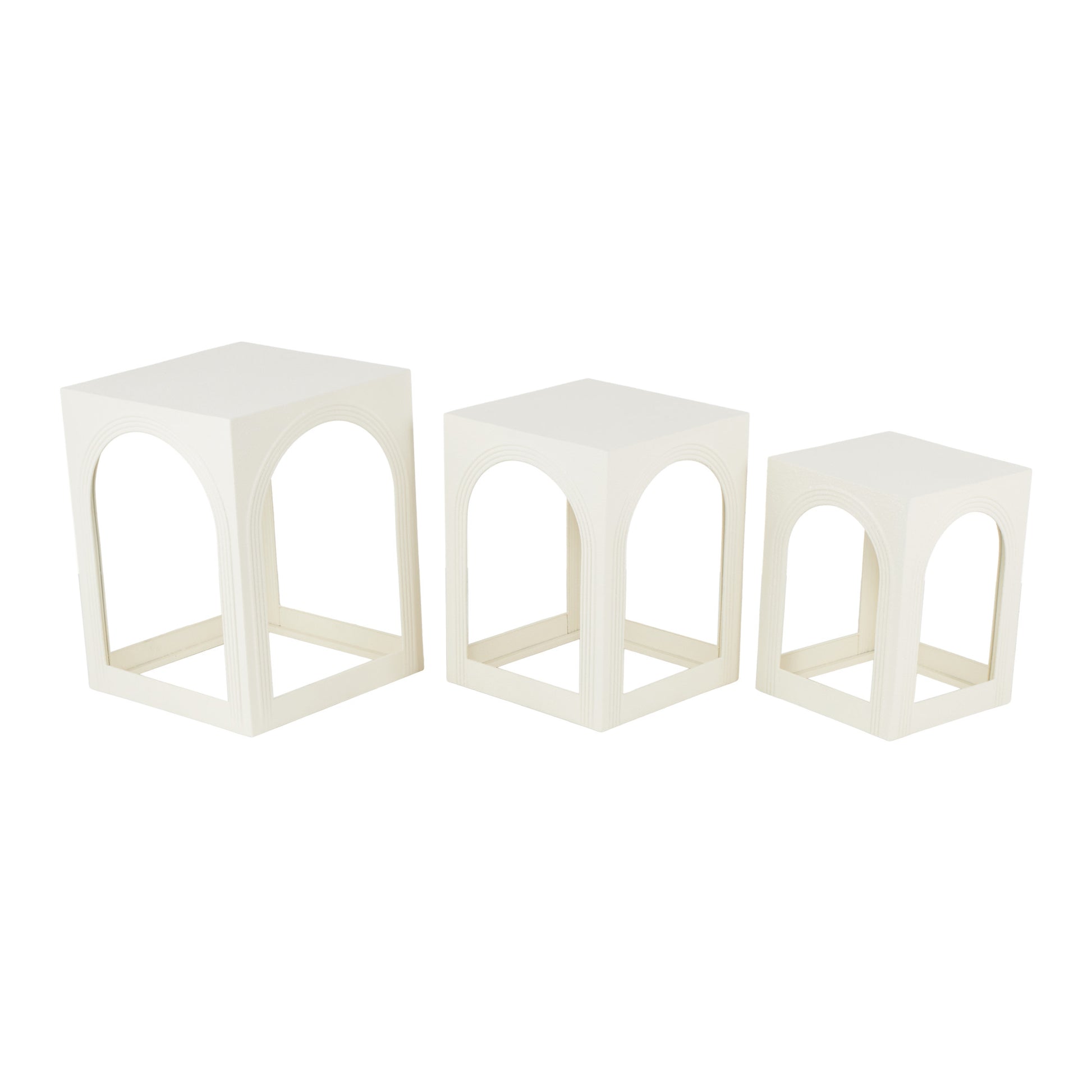 Set of 3 White Metal Nested Side End Accent Table with Arched Cutouts