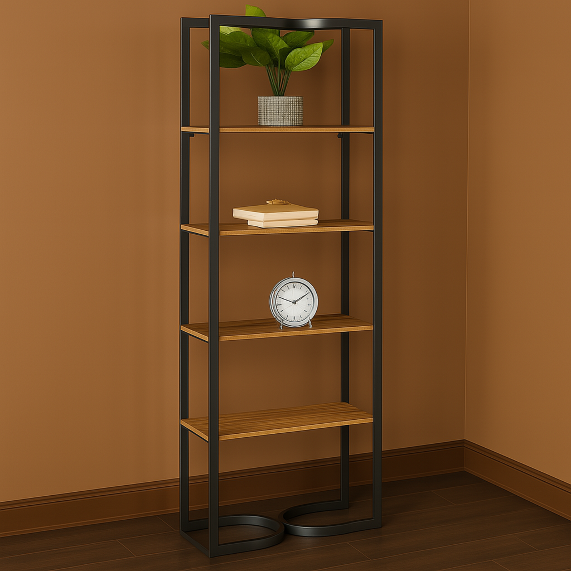 Black Metal 4 Tier Storage Shelving Unit with Wood Shelves and Arched Designs