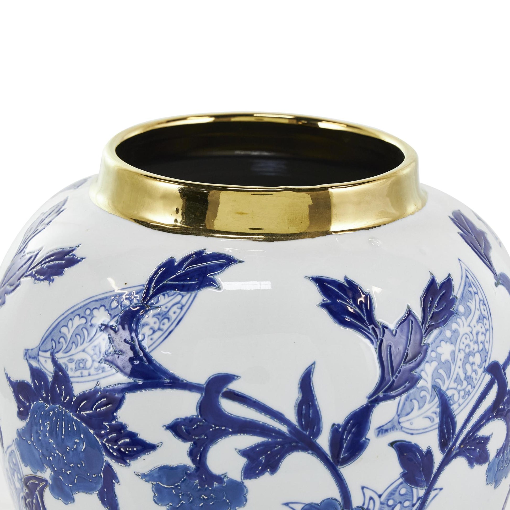 Floral Blue Ceramic Living Room Decorative Jars with Cream and Gold Accents