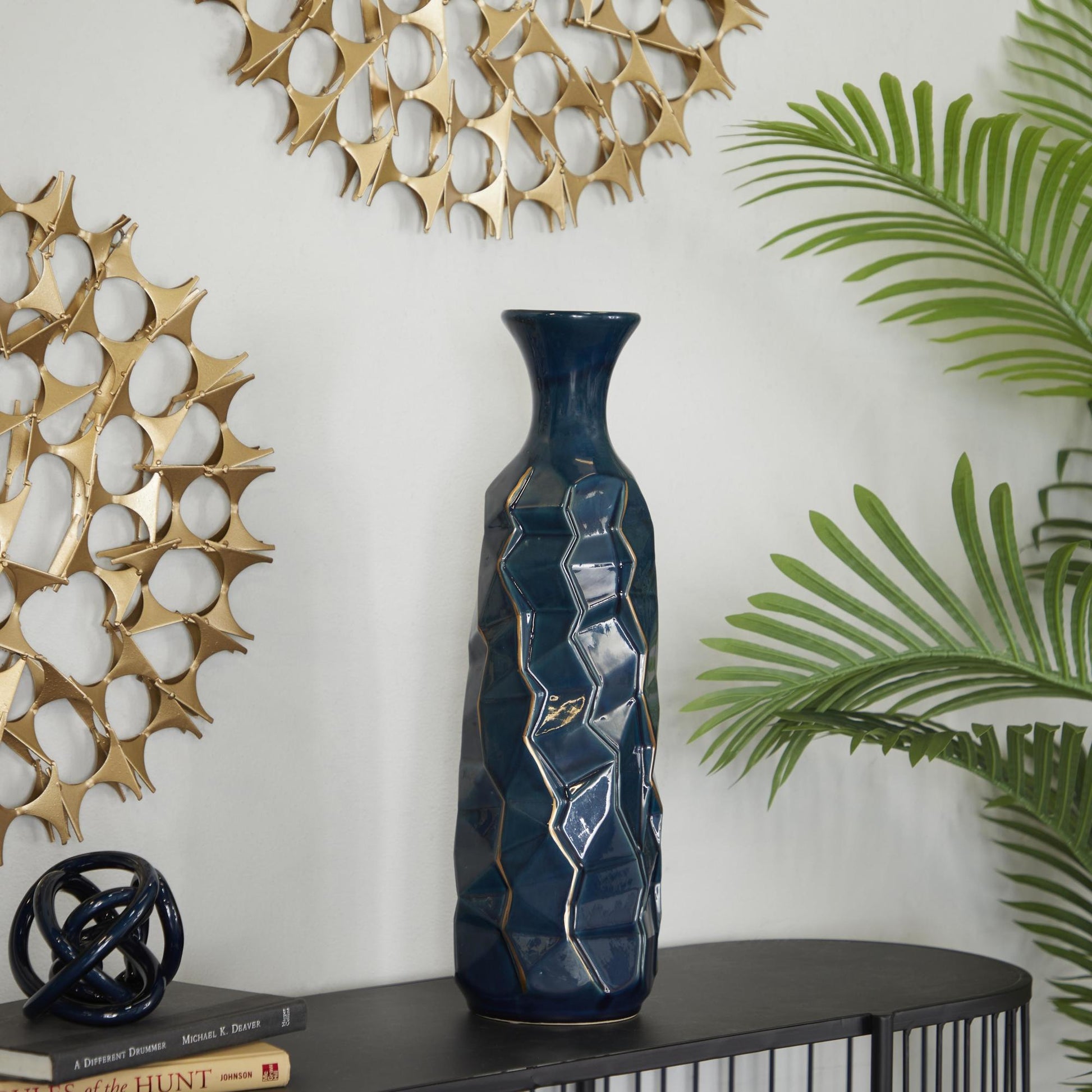 Teal Ceramic Geometric Floor Decorative Vase with Gold Accents