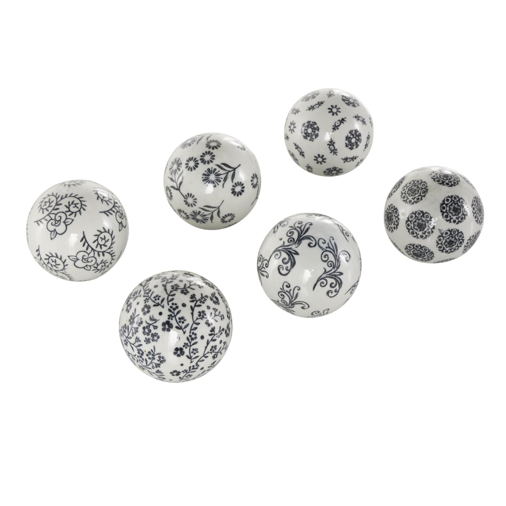 Set of 6 Floral Ceramic Glossy Decorative Orbs & Vase Filler with Varying Floral and Scroll Patterns Set of 6 3"W, 3"H