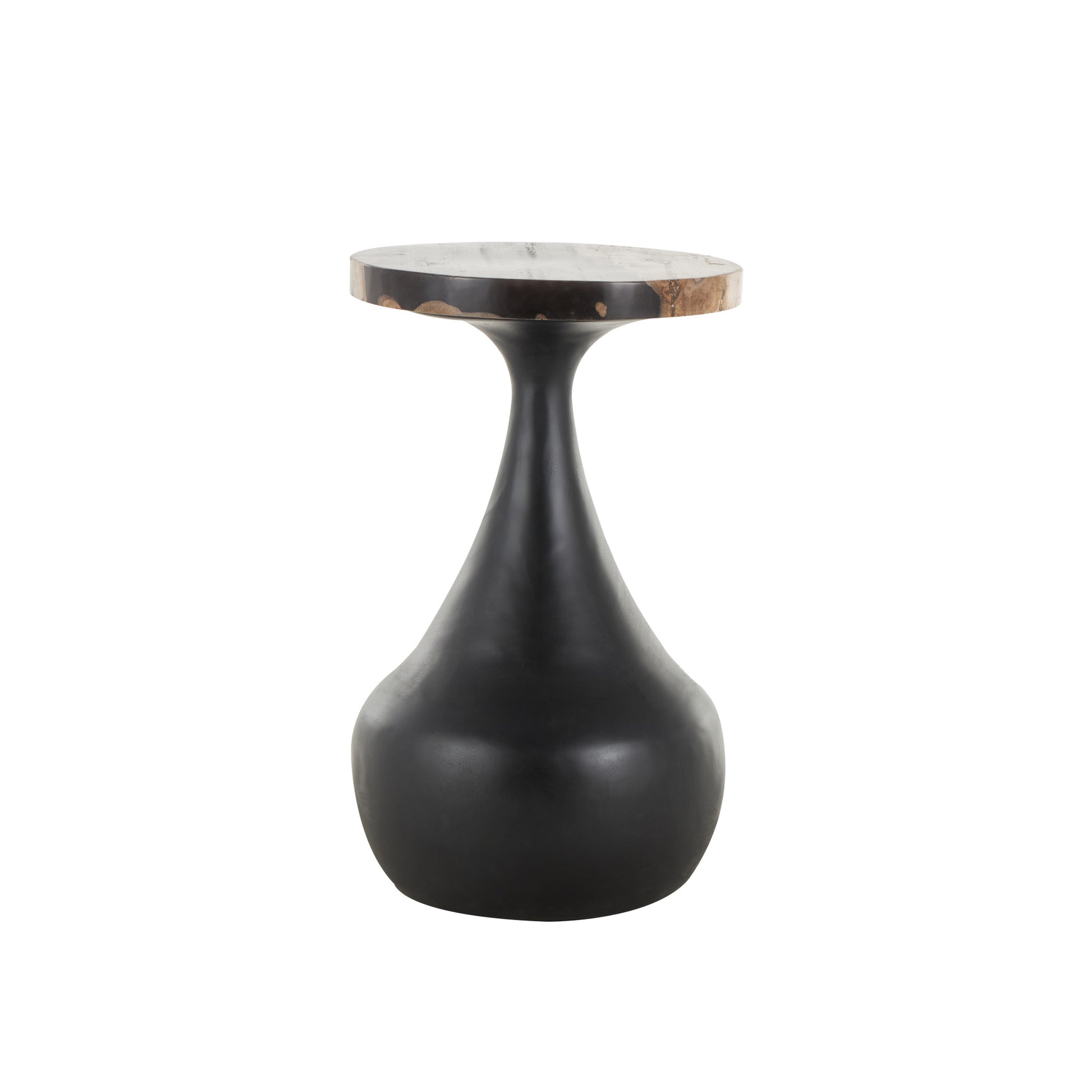 Black Teak Wood Handmade Fluted Side End Accent Table with Brown Tabletop