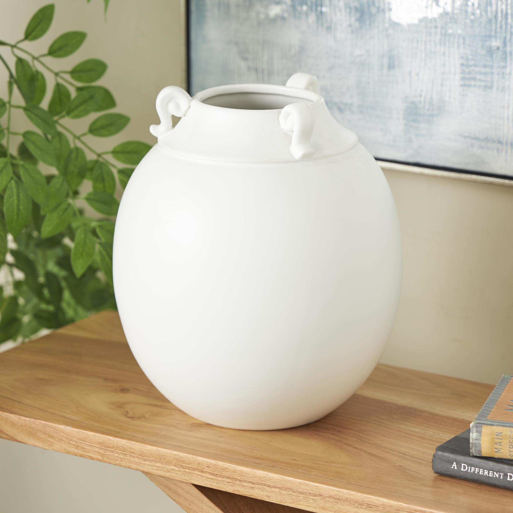 Scroll White Ceramic Decorative Vase with Handles